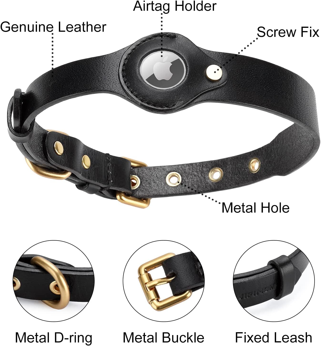 JIPIMON Leather Airtag Dog Collar, Prevents Loss Adjustable Comfortable Genuine Leather Apple Airtag Dog Collar (Small, Black)  JIPIMON   