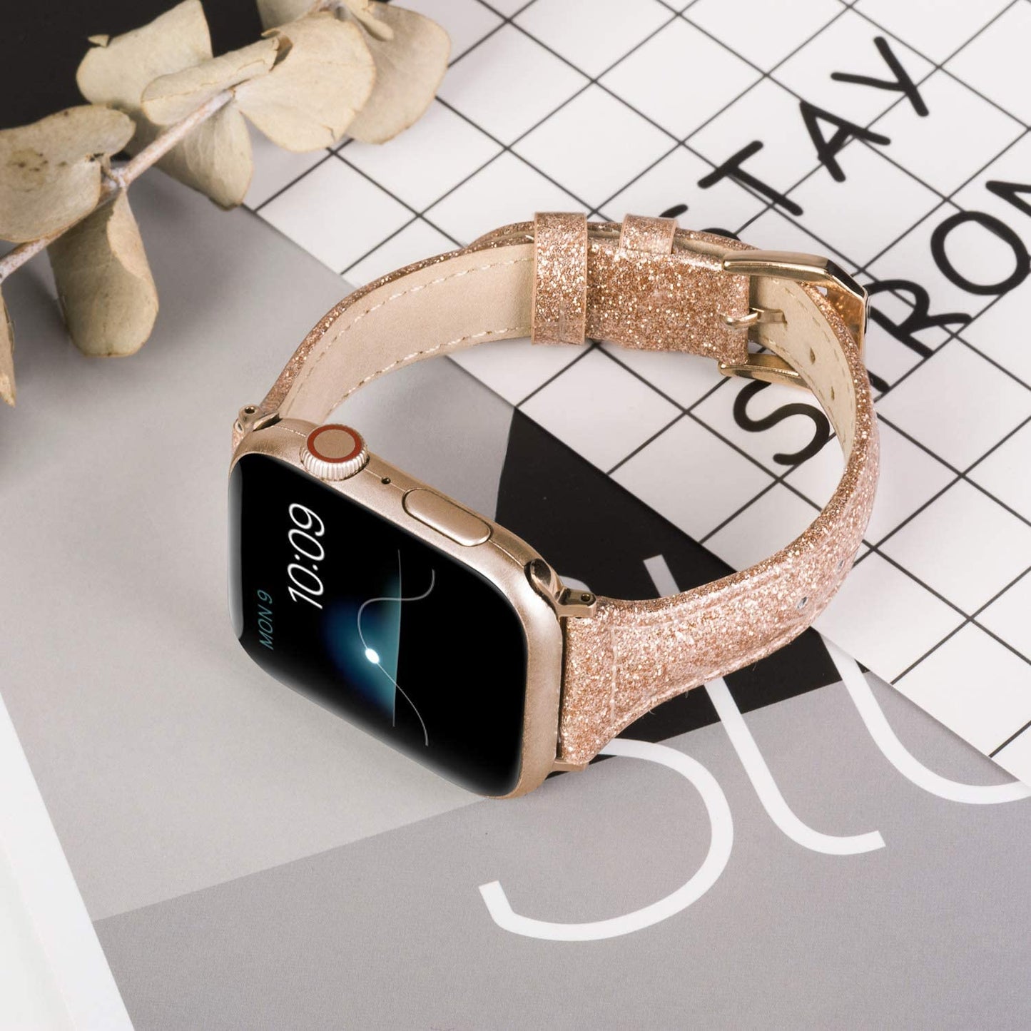 Wearlizer Rose Gold Leather Compatible with Apple Watch Leather Bands 38Mm 40Mm 41Mm Womens for Iwatch Series 8 7 6 5 4 3 2 1 SE Shiny Slim Smooth Wristband Bling Glitter Strap (Gold Clasp)  Wearlizer   