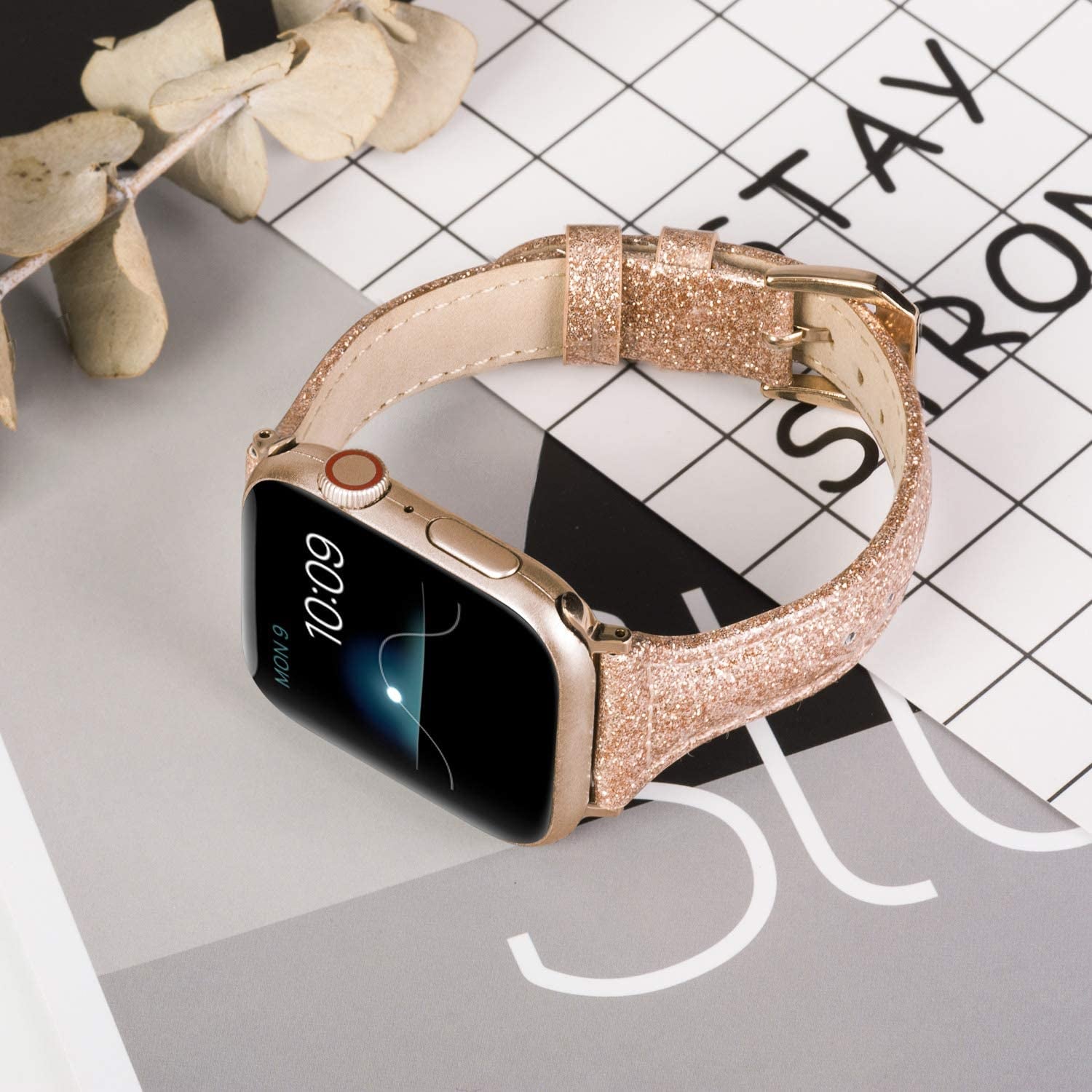 Wearlizer Rose Gold Leather Compatible with Apple Watch Leather Bands 38Mm 40Mm 41Mm Womens for Iwatch Series 8 7 6 5 4 3 2 1 SE Shiny Slim Smooth Wristband Bling Glitter Strap (Gold Clasp)  Wearlizer   