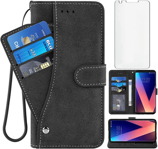 Compatible with LG V35 Thinq V30 plus Wallet Case and Tempered Glass Screen Protector Flip Cover Credit Card Holder Cell Accessories Phone Cases for LGV30 LGV35 LG30 LG35 V 30 35 V30+ V30S H931 Black  NSS   