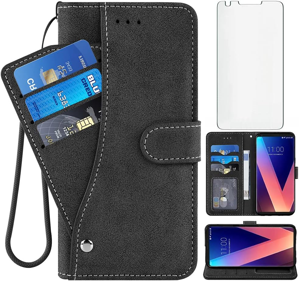 Compatible with LG V35 Thinq V30 plus Wallet Case and Tempered Glass Screen Protector Flip Cover Credit Card Holder Cell Accessories Phone Cases for LGV30 LGV35 LG30 LG35 V 30 35 V30+ V30S H931 Blue  NSS Black  