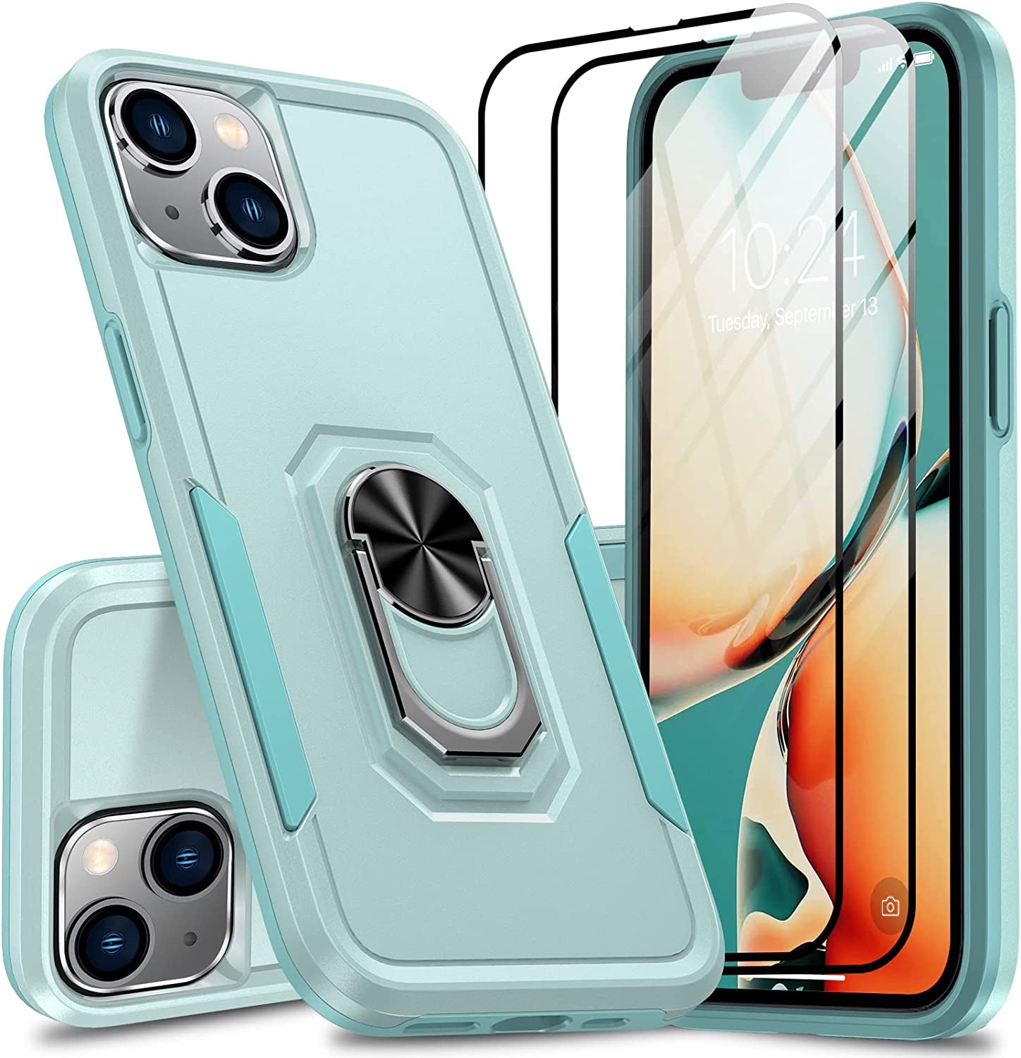 Oterkin for Iphone 14 Pro Case,Iphone 14 Pro Phone Case with [360°Rotatable Stand Ring][2Pcs 9H HD Tempered Glass Screen Protector][10Ft Military Grade Shockproof] Case for Iphone 14 Pro (Blue)  Oterkin Teal Iphone 14 