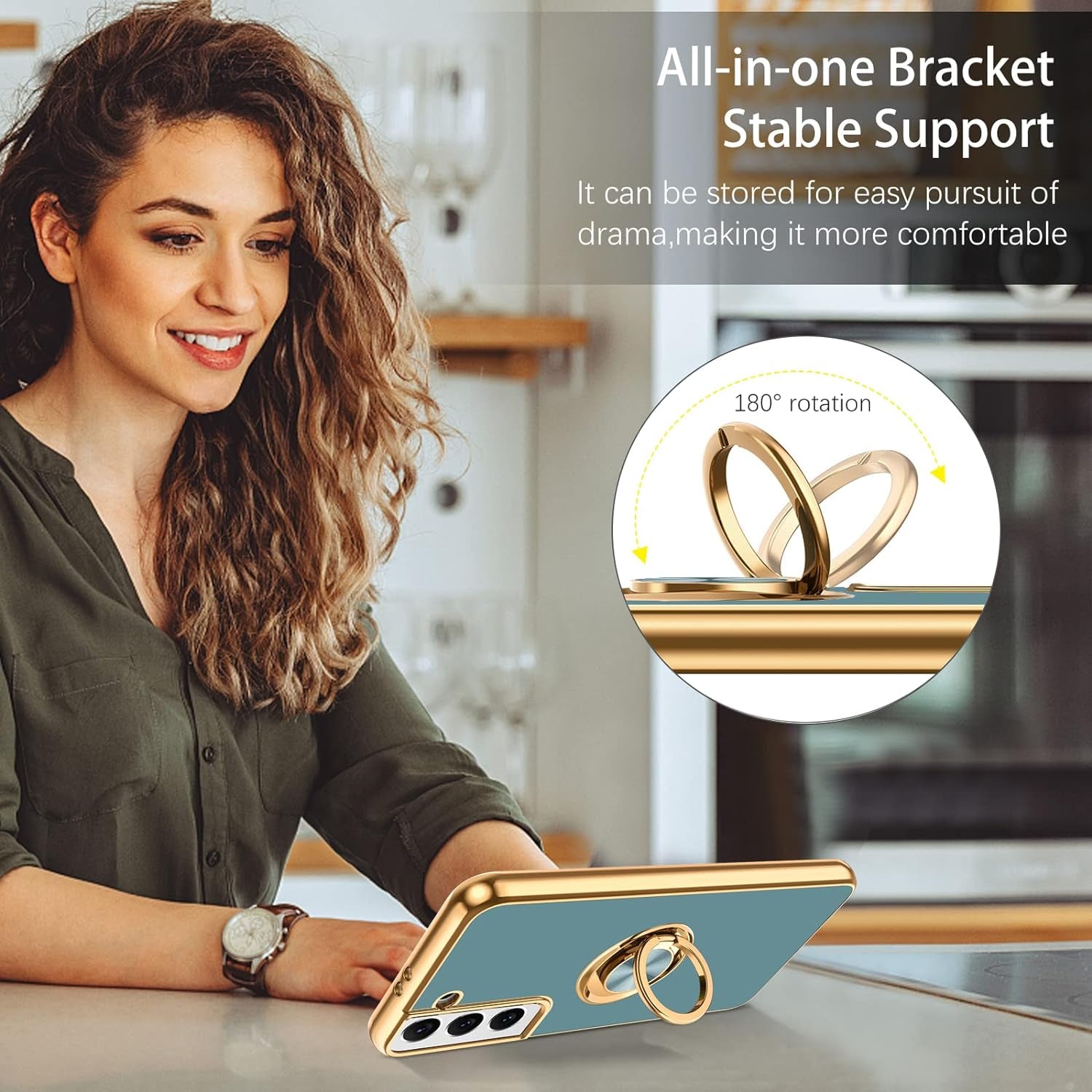 DUEDUE for Samsung Galaxy S21 plus Case with Ring Holder Kickstand 360 Degree Rotation Magnetic Car Finger Soft TPU Slim Cover Shockproof Protective Phone Case for Samsung S21 plus 6.7", Gray Green  DUEDUE   