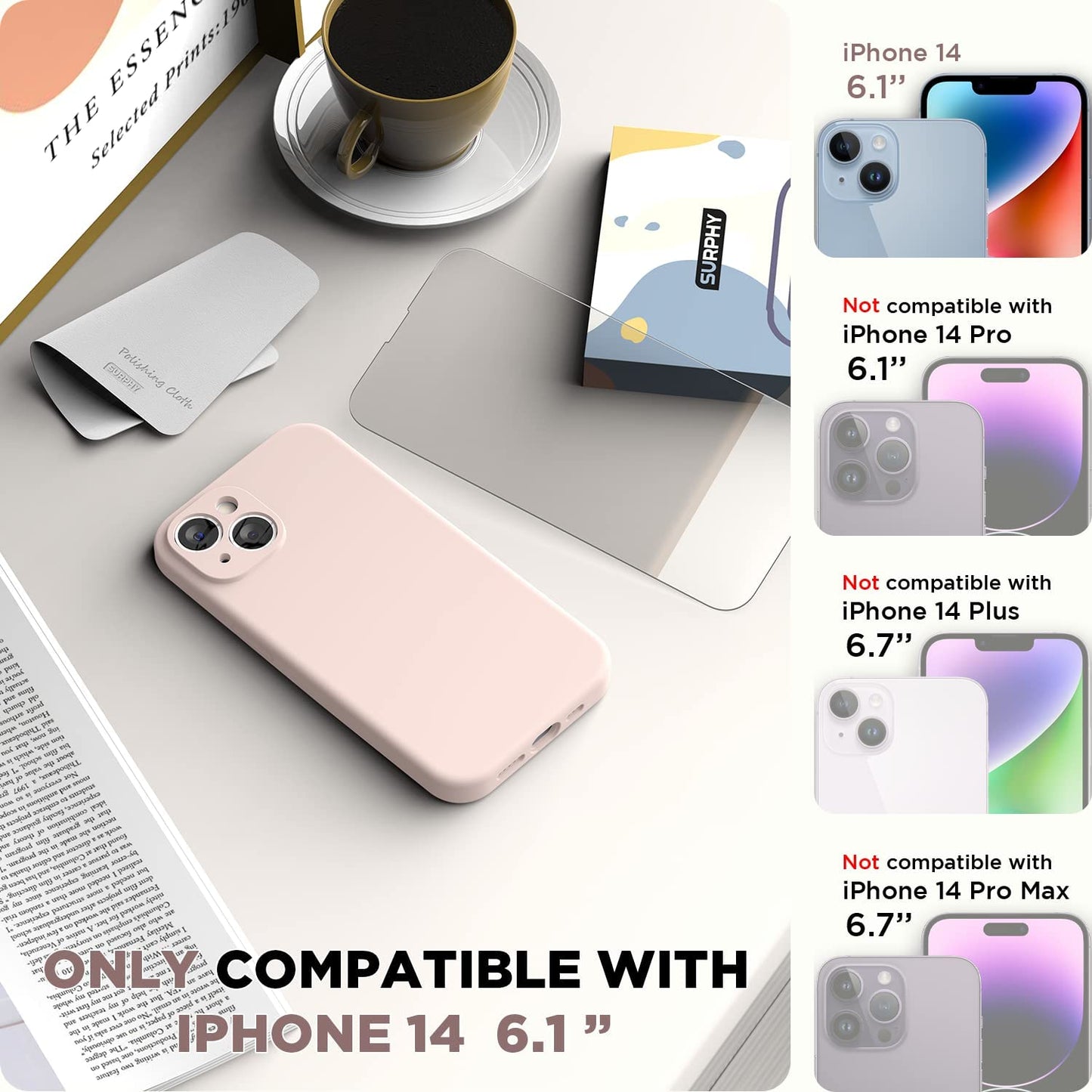 SURPHY Compatible with Iphone 14 Case with Screen Protector (Camera Protection + Soft Microfiber Lining) Liquid Silicone Phone Case 6.1 Inch 2022 (Chalk Pink)  SURPHY   