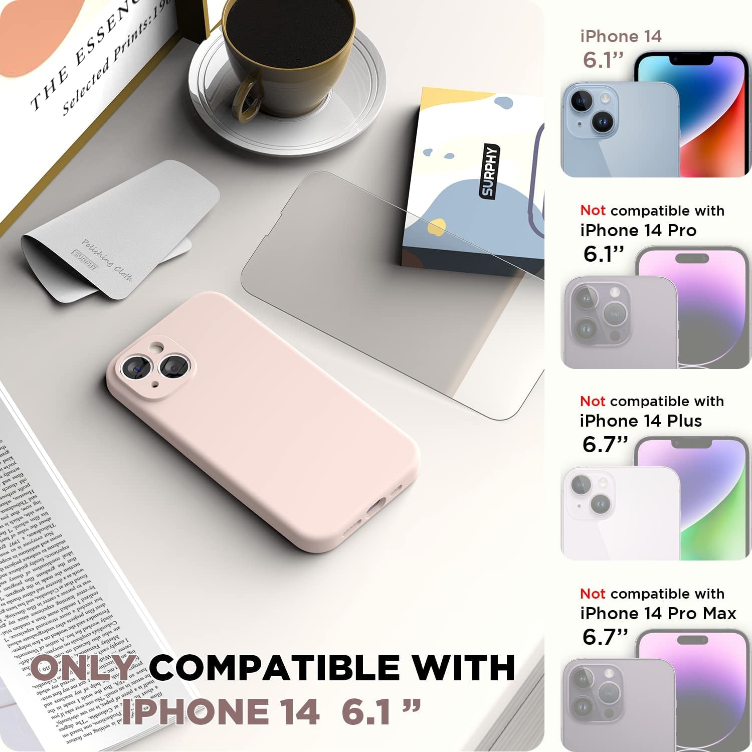 SURPHY Compatible with Iphone 14 Case with Screen Protector (Camera Protection + Soft Microfiber Lining) Liquid Silicone Phone Case 6.1 Inch 2022 (Chalk Pink)  SURPHY   