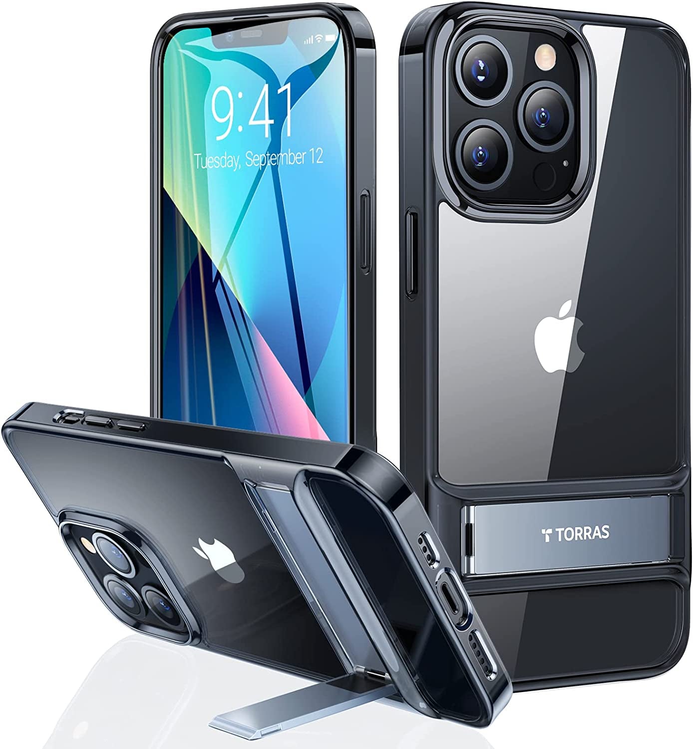 TORRAS Moonclimber for Iphone 14 Case for Iphone 13 Case, [3 Stand Ways] [Non-Yellowing & Military Grade Shockproof] Protective Slim Hard Clear Phone Case with Stand 6.1'' 2022, Crystal Clear  TORRAS Black iPhone 13 Pro Max 