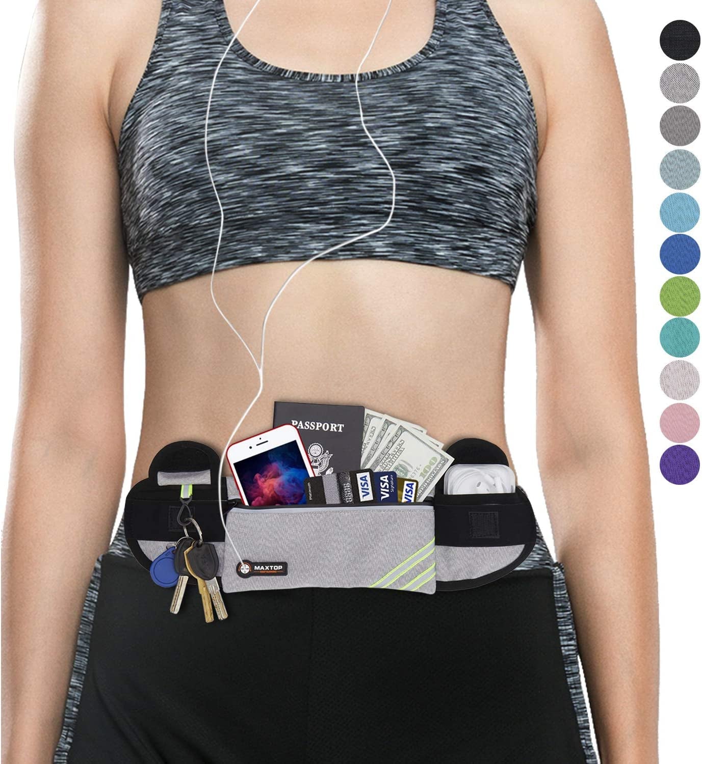 【2 Packs Family Share Bundle】Fanny Packs for Women Men Running Belt Waist Pack Bag for Workout Gym Exercise Walking Hiking Belt Bag Waist Pouch Fits Iphone Cell Phone Holder for Travel Money Belt  MAXTOP Light Gray Running Money Belt 