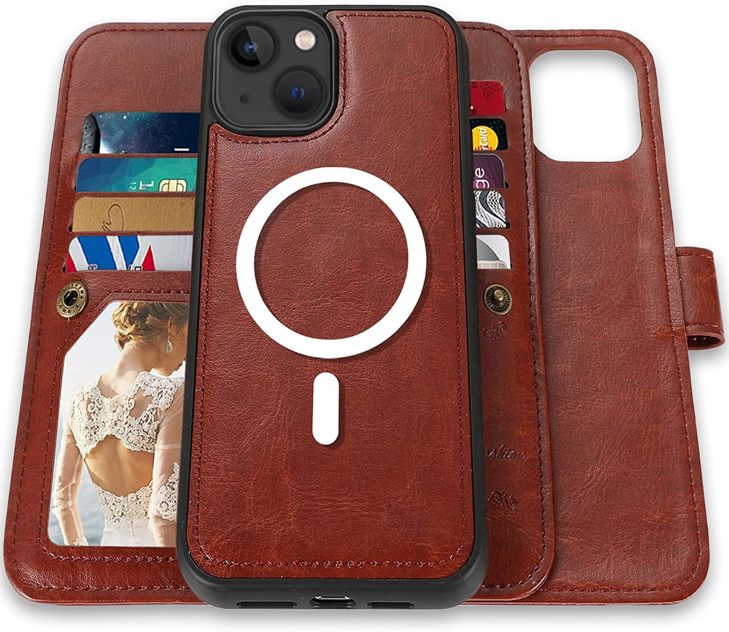 CASEOWL Compatible for Iphone 14 plus Case Wallet, Support Magsafe Charger, Magnetic Detachable Folio Leather Lanyard Wallet Case with 9 Card Slots[Rfid Blocking], Strap, TPU Case for Man Women-Black  CASEOWL Brown [for iPhone 14 Plus]  