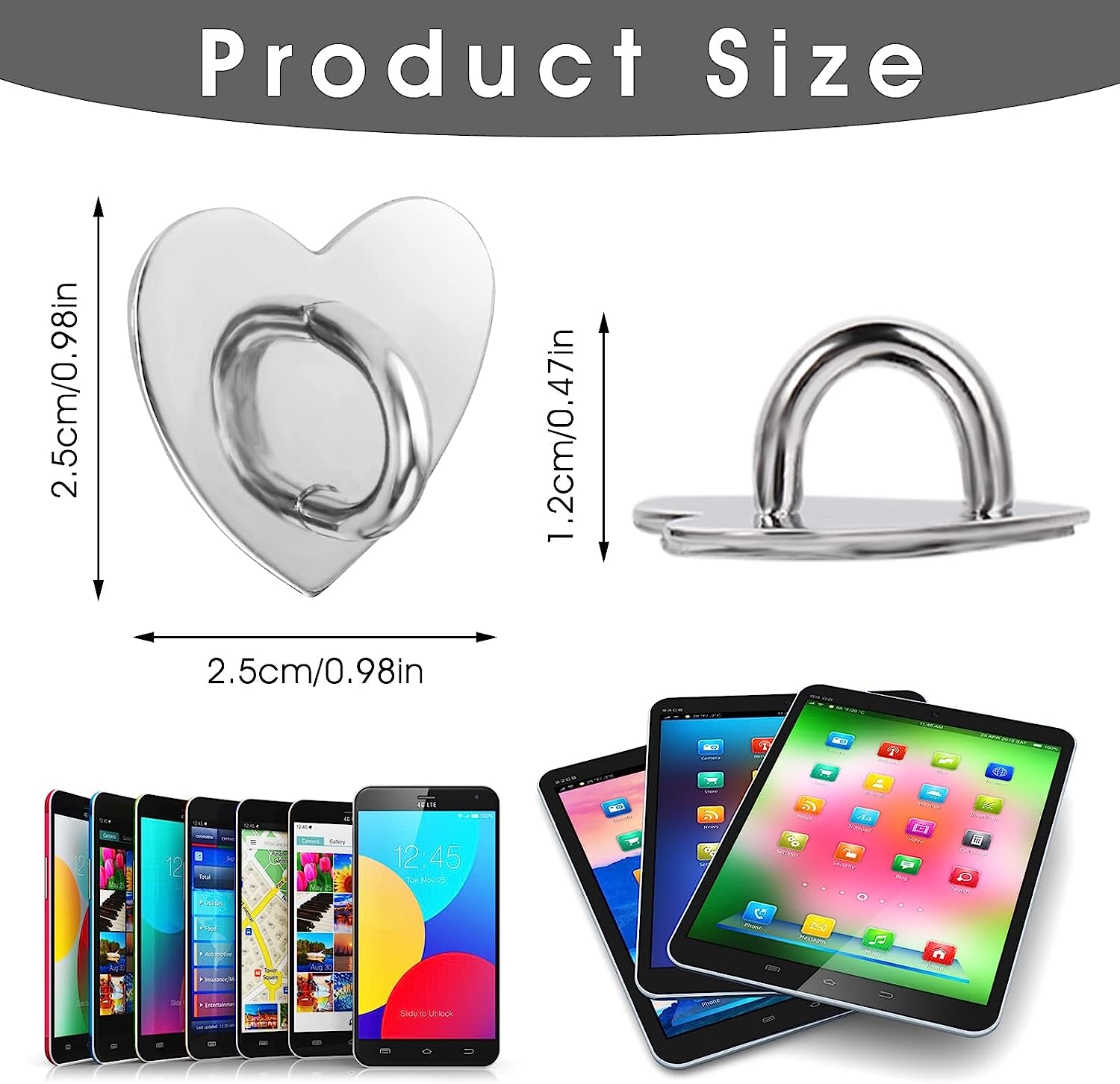 12 Pieces Phone Charm Hook, Cell Phone Finger Ring Phone Keychain Ring Adhesive Metal Phone Finger Grip Loop Stand Heart Holder for DIY Phone Case Pad Tablet Supplies  Grevosea   