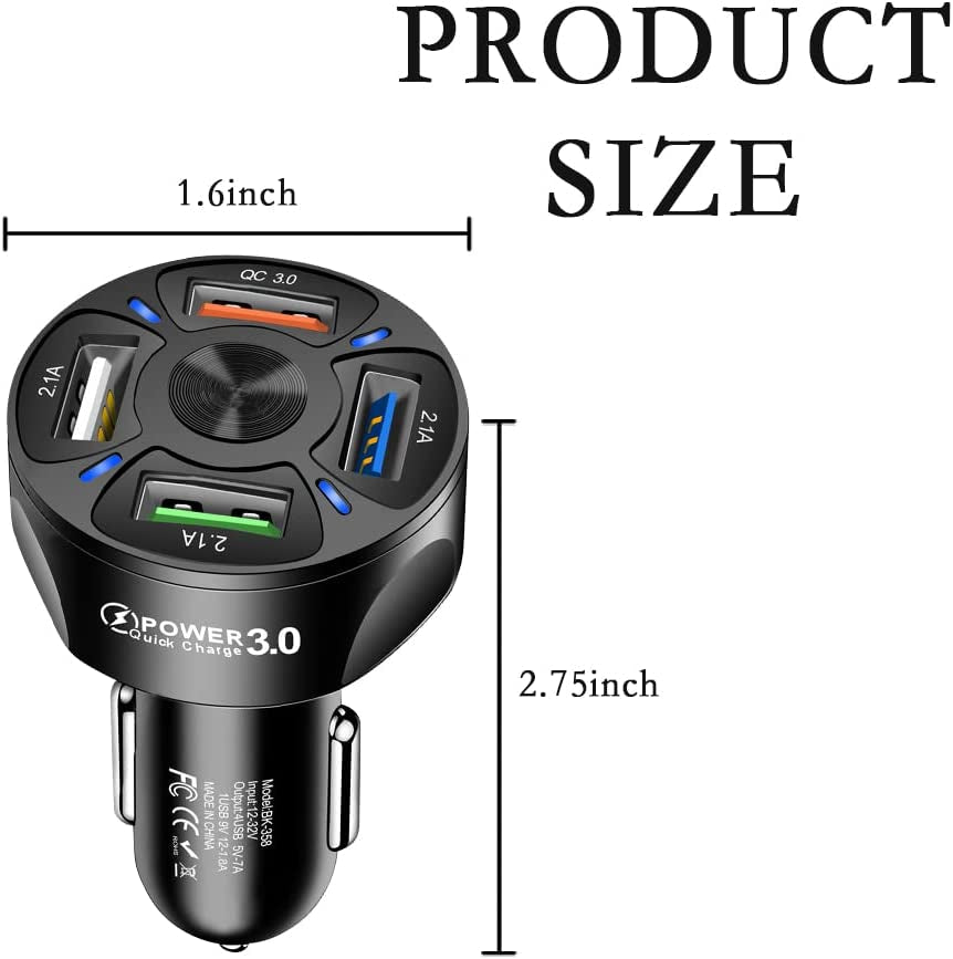 4-Port Car Charger Adapter,Qc3.0 Fast Charging with LED Light Display Cigarette Lighter USB Charger Compatible with Iphone 14 Pro MAX/13 Macbook Pro Ipad Pro Galaxy All Smart (Black)  Shenzhen Baixas Technology Co., Ltd   