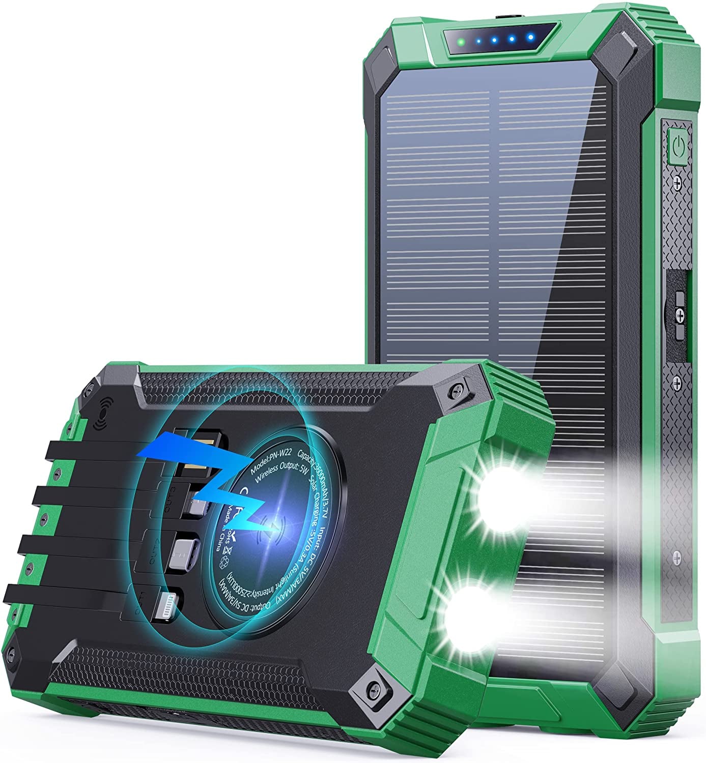 Goodaaa Power Bank Wireless Charger 36000Mah Built in 4 Cables Six Outputs 15W Fast Charging Power Bank for All Mobile Devices Three Inputs Solar Portable Charger with Dual Flashlights, Carabiner  GOODaaa Green  