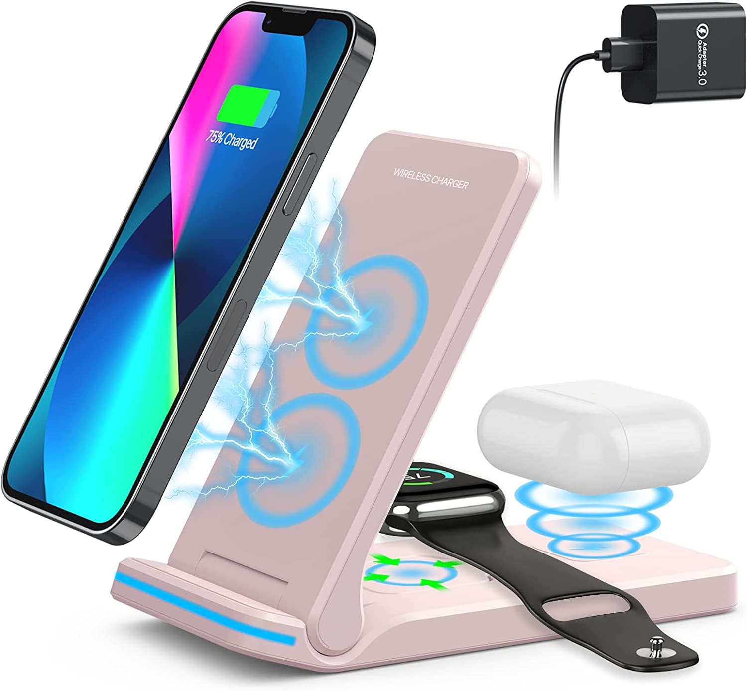 Wireless Charger, 3 in 1 Fast Charging Station, Folding Travel Wireless Charger Stand for Iphone 14,13,12,11/Pro/Max/Plus, X,XR, Xs/Max,Se, 8/Plus,Apple Watch 1-8,Airpods 3/2/Pro 18W Adapter(White)  Pendrajec pink  