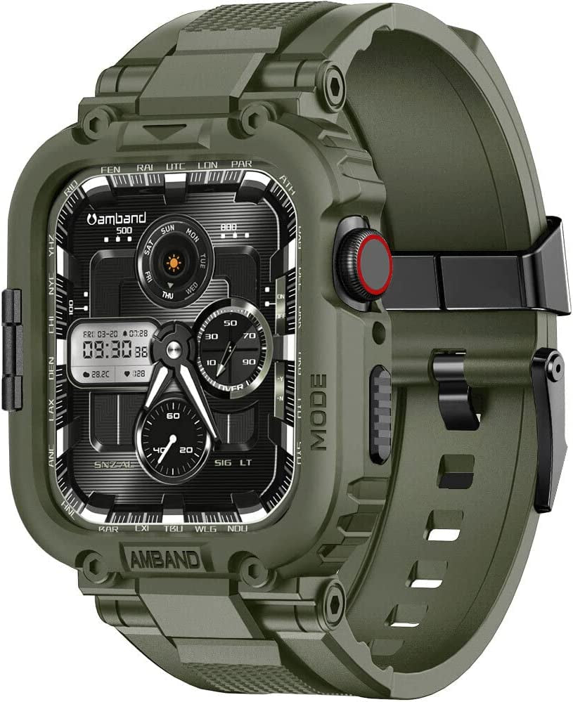 Amband Bands Case Screen Protector Compatible with Apple Watch Ultra 49Mm, M1 Sport Series Rugged Cover Strap and 2 Pack Tempered Glass Film, Military Protective Bumper for Iwatch 49 Mm Men Black  amBand Army Green 42/44/45mm 