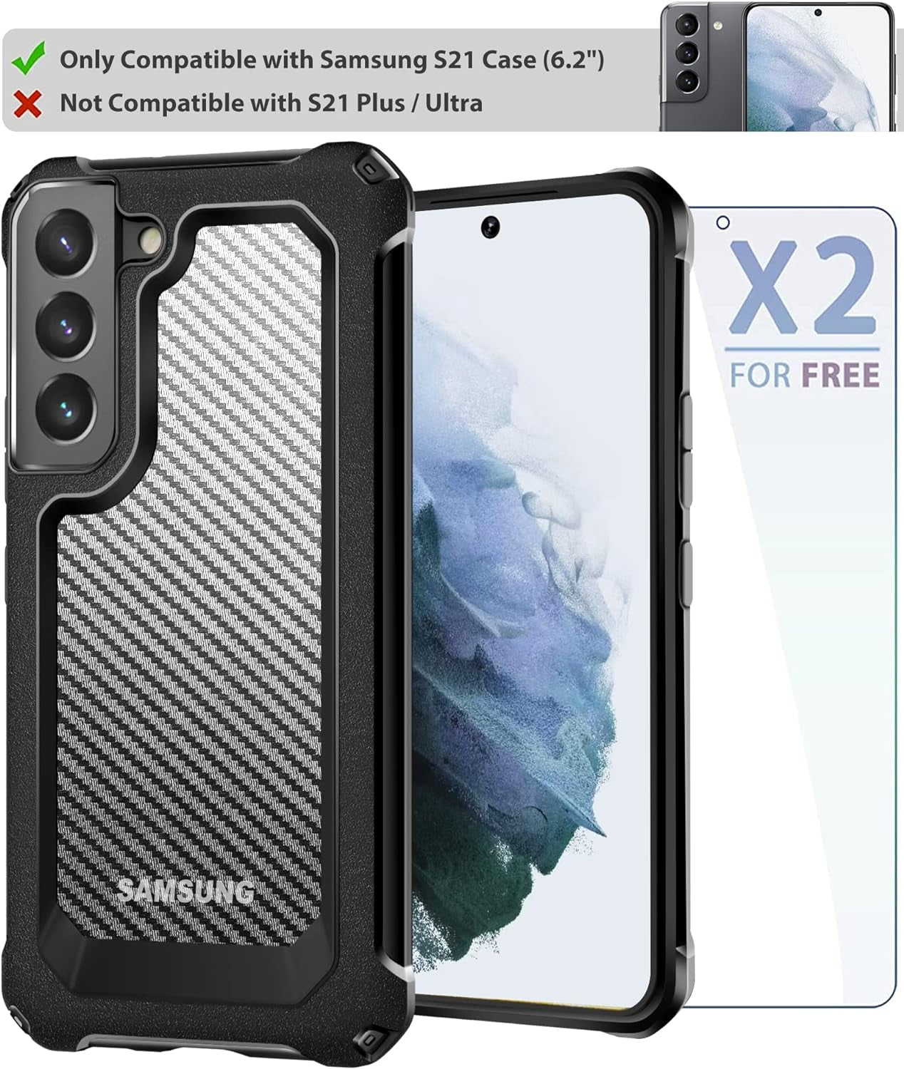 SUPBEC Galaxy S21 Case, Carbon Fiber Shockproof Protective Cover with Screen Protector [X2] [Military Grade Protection] [Scratch Resistant & Anti-Fingerprint], Samsung Galaxy S21 Case, 6.2", Black  SUPBEC   