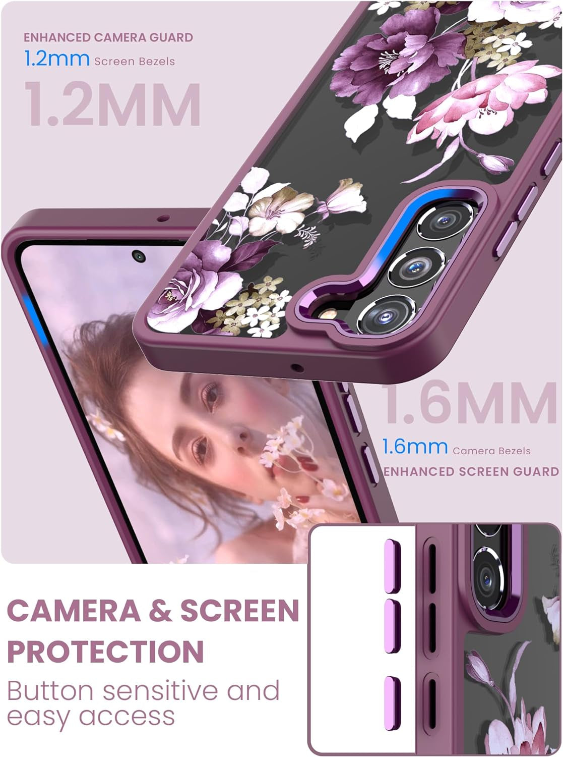 Dretal for Samsung Galaxy S22 plus 5G Case Floral, Galaxy S22+ Case, Military Grade Drop Tested Hard Back & Soft Edge Slim Flower Women Girls Protective Cover +Tempered Glass Screen Protector (Purple)  Dretal   