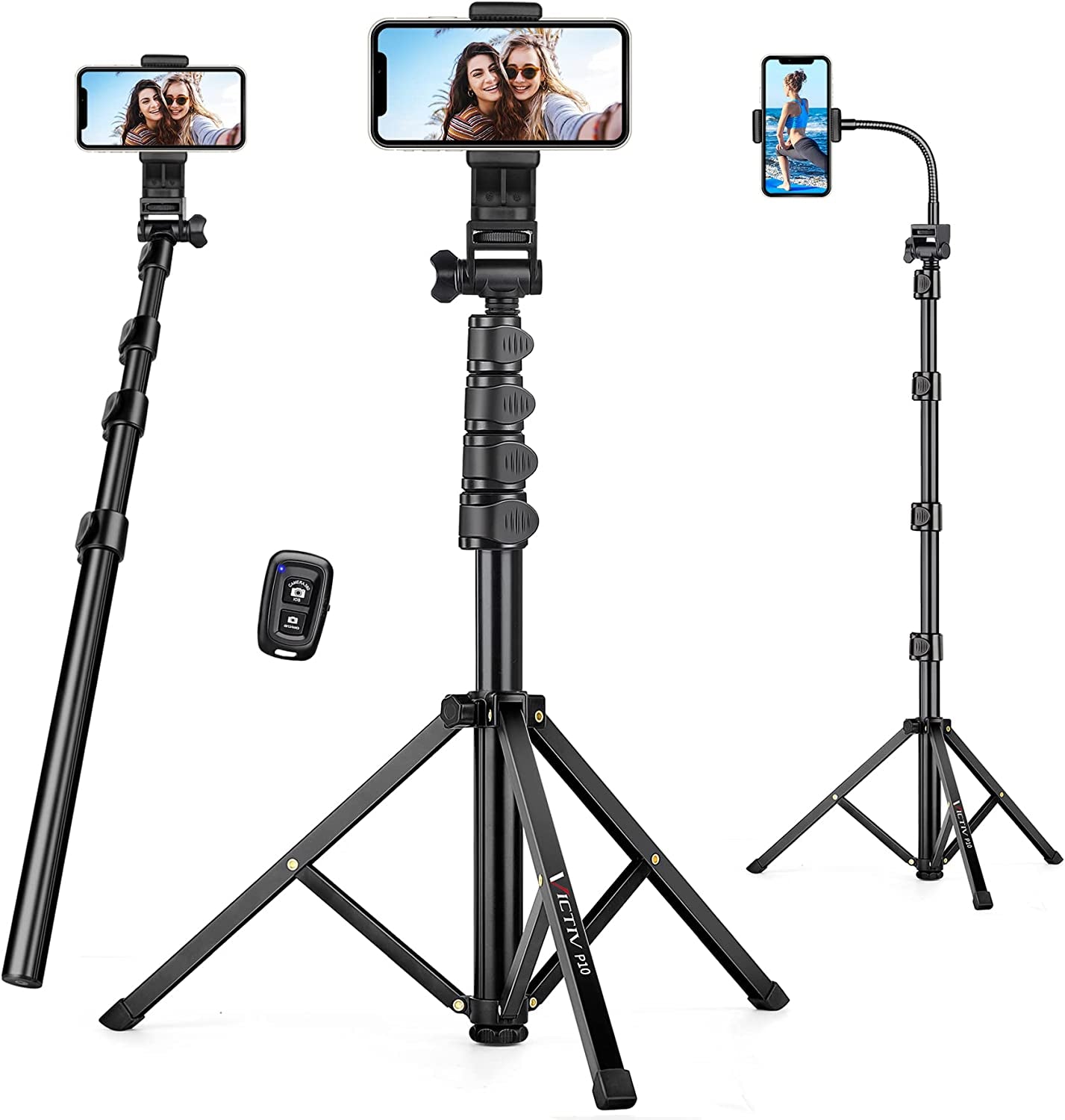 70 Inch Phone Tripod, Extendable Selfie Stick Tripod with Remote, Portable Cell Phone Tripod Stand, Compatible with Iphone 14 13 12 11 Pro Max/Samsung/Android/Camera  Victiv Black 74"(with Gooseneck） 