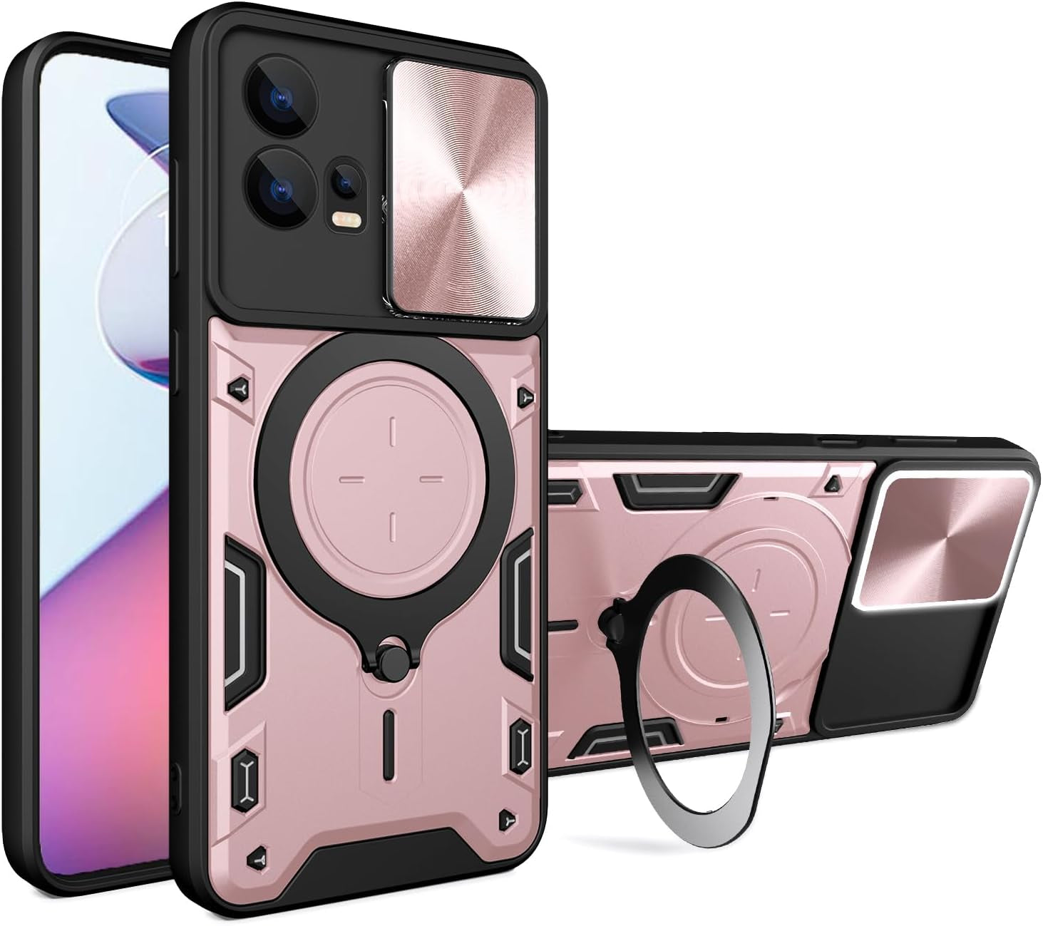 Xbs-Better Hybrid Heavy Duty Bumper Cover with Slide Camera Lens Cover with Built-In 360° Flexible Rotate Holder Magnetic Plate Kickstand Case for Motorola Edge 30 Fusion/S30 Pro-Red  XBS-Better Rose Gold  