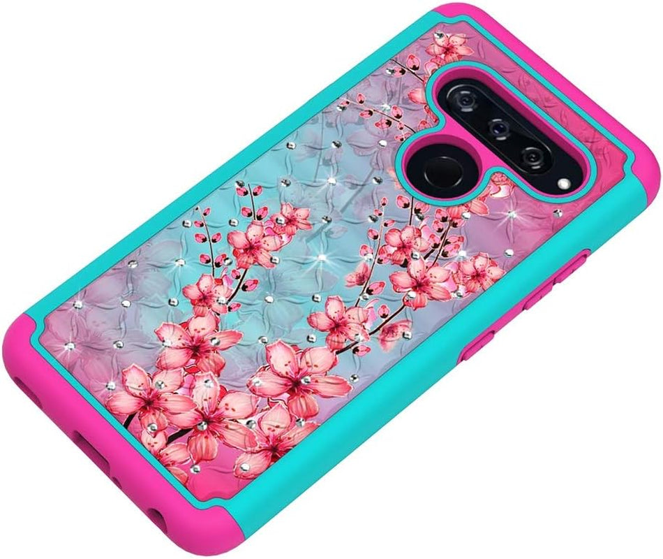 Zase Compatible with LG V40 Thinq Phone Case Hybrid Dual Layer Protection Jewel Studded Rhinestone Shockproof Slim Hard Shell Sparkly Crystal Bling Diamond (Teal Pink Blossom)  Zase   