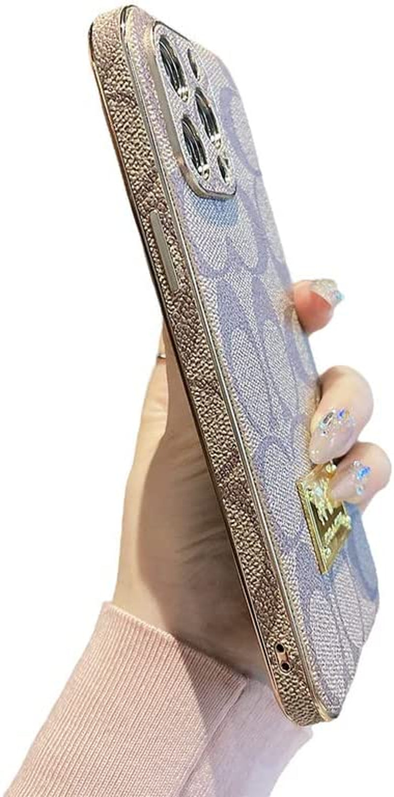 Designer Iphone 14 plus Case for Women Luxury 6.7 Inch, Leather Back Edge with Plate Gold Rim Classic Pattern Bling Glitter Nameplate Camera Protection Cover, Non Slip Shockproof Protective, Khaki  JIUDUIDODO Khaki For Iphone 13 Pro Max 