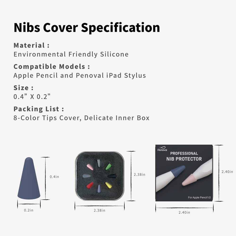 Penoval Silicone Pencil Nib/Tip Protector Cover Cap for Drawing Noiseless Compatible with Apple Pencil 1St/2Nd, Penoval Ipad Stylus Replacement Non-Slip Writing Nib/Tip Protector (8 Pcs Mixed Color)  Penoval   