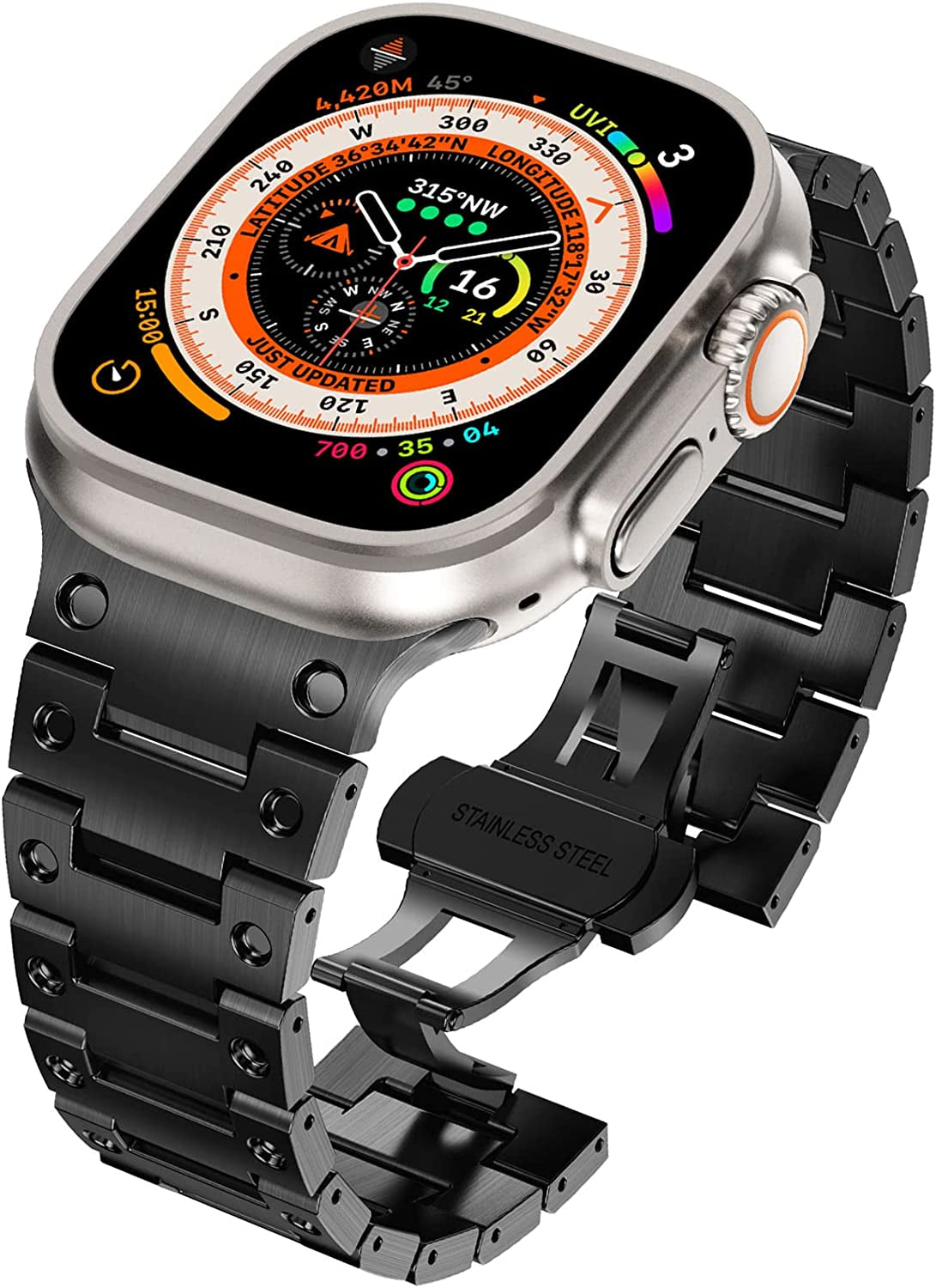 WINGLE Compatible for Apple Watch Ultra Band 49Mm 44Mm 45Mm 42Mm Series 8 7 Men, Stainless Steel Band Metal Strap Wristband for Apple Watch Iwatch Ultra SE 6 5 4 3 2 1 Link Women, Titanium  WINGLE Black Color Ultra 49mm/45mm/44mm/42mm 