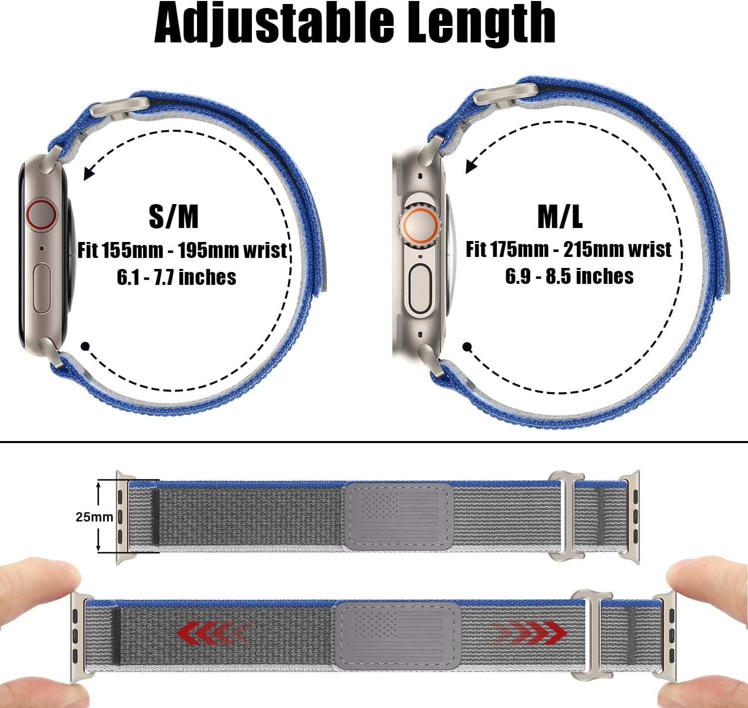 HITZEE Compatible with Apple Watch Band 49Mm 45Mm 44Mm 42Mm, Soft Nylon Braided Velcro Loop Bands Adjustable Sport Strap Designed for Apple Watch Ultra Series 8 7 SE 6 5 4 3 2 1, Blue/Gray, M/L  HITZEE   