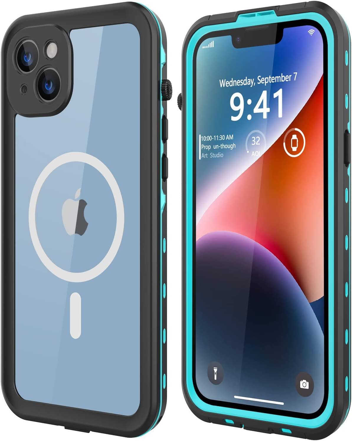 Dewfoam Waterproof Iphone 14 plus Case - Shockproof, Dustproof, Built-In Screen Protector, Magnetic Ring, 6.7" (Black)  Dewfoam Teal Iphone 14 Plus 