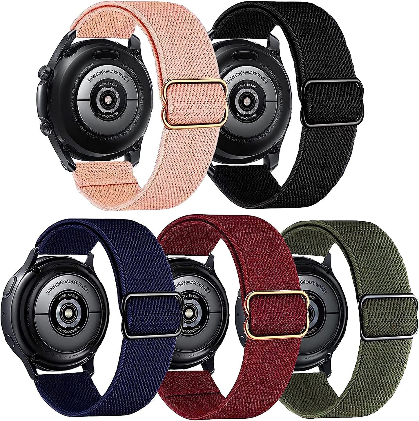 XRHWW 5 Pack 20Mm Stretchy Nylon Loop Watch Bands Compatible with Samsung Galaxy Watch Active 2 44Mm 40Mm/Active 40Mm/Galaxy Watch 3 41Mm/Galaxy Watch 42Mm/Galaxy Watch 4 44Mm 40Mm/Galaxy Watch 5 44Mm 40Mm/Pro 45Mm  XRHWW Red/Rose Pink/Black/Army Green/Dark Blue  