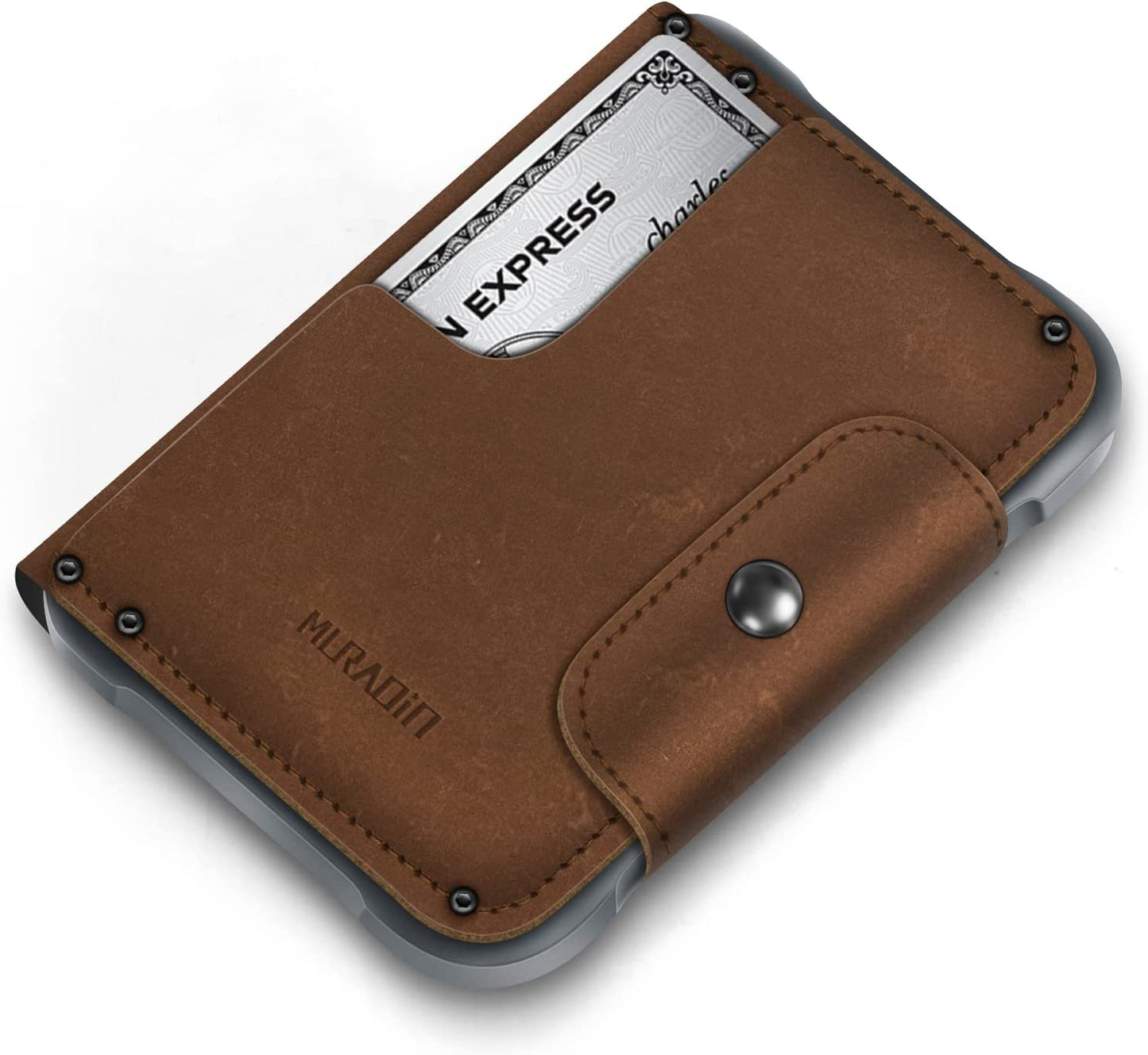 MURADIN Chocolate Front Pocket Wallet for Men Travel Tactical Bifold RFID Blocking Aluminum Metal Leather Money Cards Holder Ideal Men'S Gift  ENIGMA   