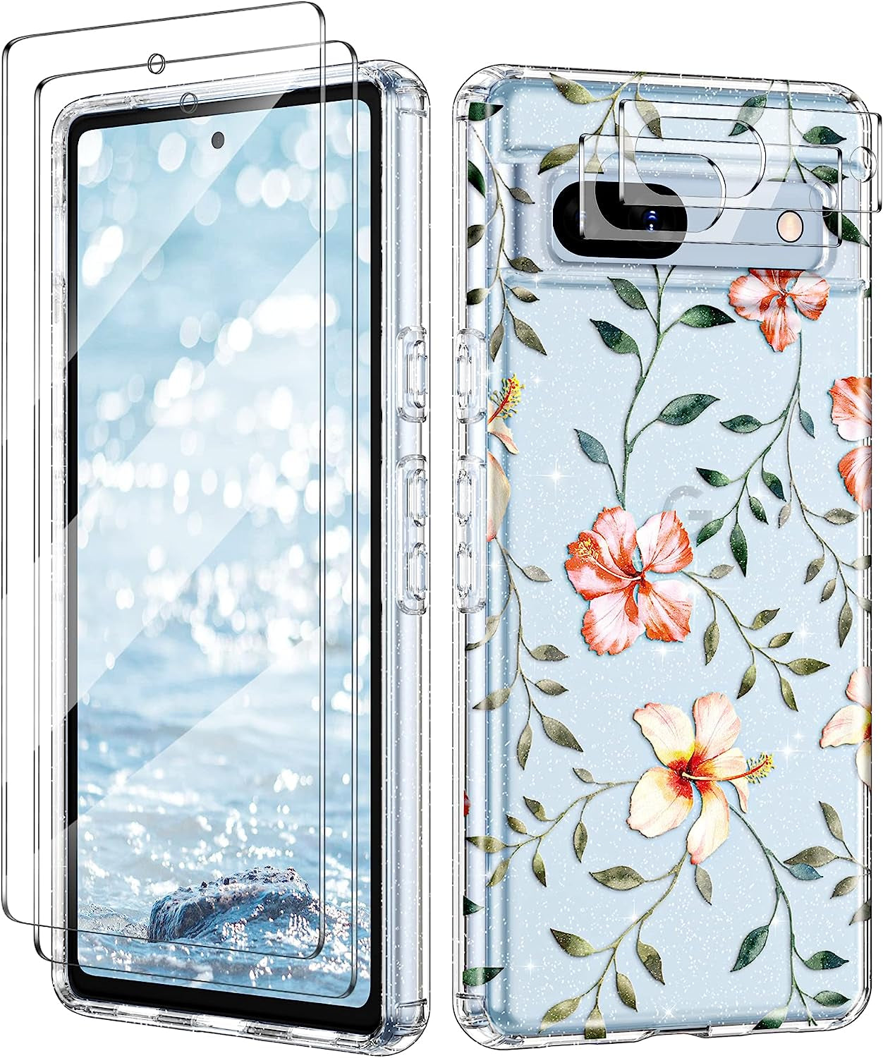 Lamcase Compatible with Google Pixel 7A Case, with 2 Screen Protector + 2 Camera Lens Protector Crystal Bling Sparkly Shiny Soft Flexible TPU Slim Drop Protection for Women Girls, Apricot Flower  Lamcase Hibiscus  