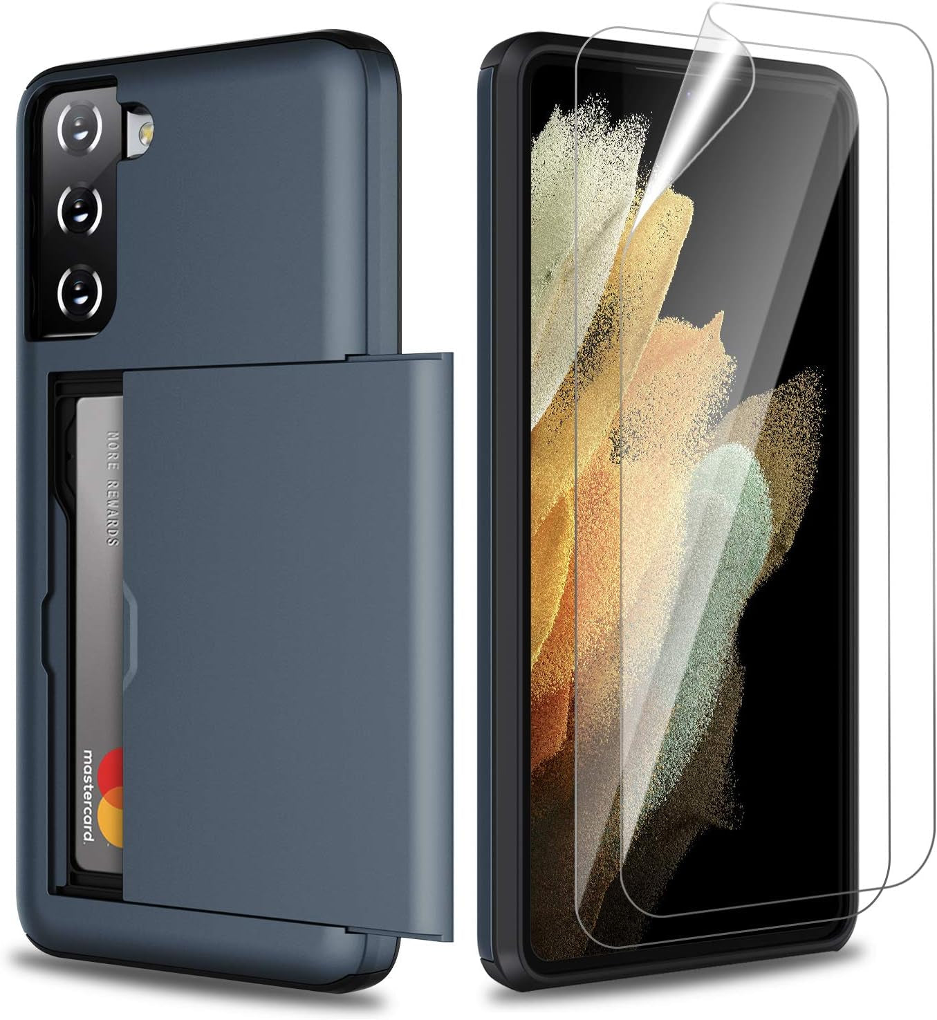Zuslab Wallet Case Compatible with Samsung Galaxy S21 5G Phone Case with Card Holder Shockproof anti Scratch Compatible with Samsung Galaxy S21 5G with Screen Protector[X2Pack] Dark Blue  ZUSLAB   