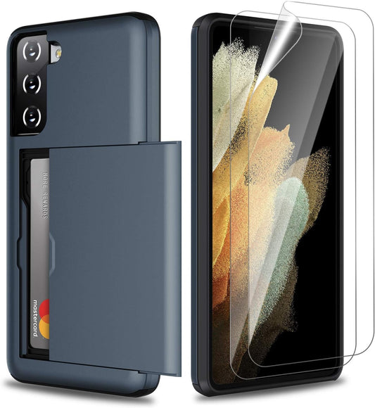 Zuslab Wallet Case Compatible with Samsung Galaxy S21 5G Phone Case with Card Holder Shockproof anti Scratch Compatible with Samsung Galaxy S21 5G with Screen Protector[X2Pack] Dark Blue  ZUSLAB   