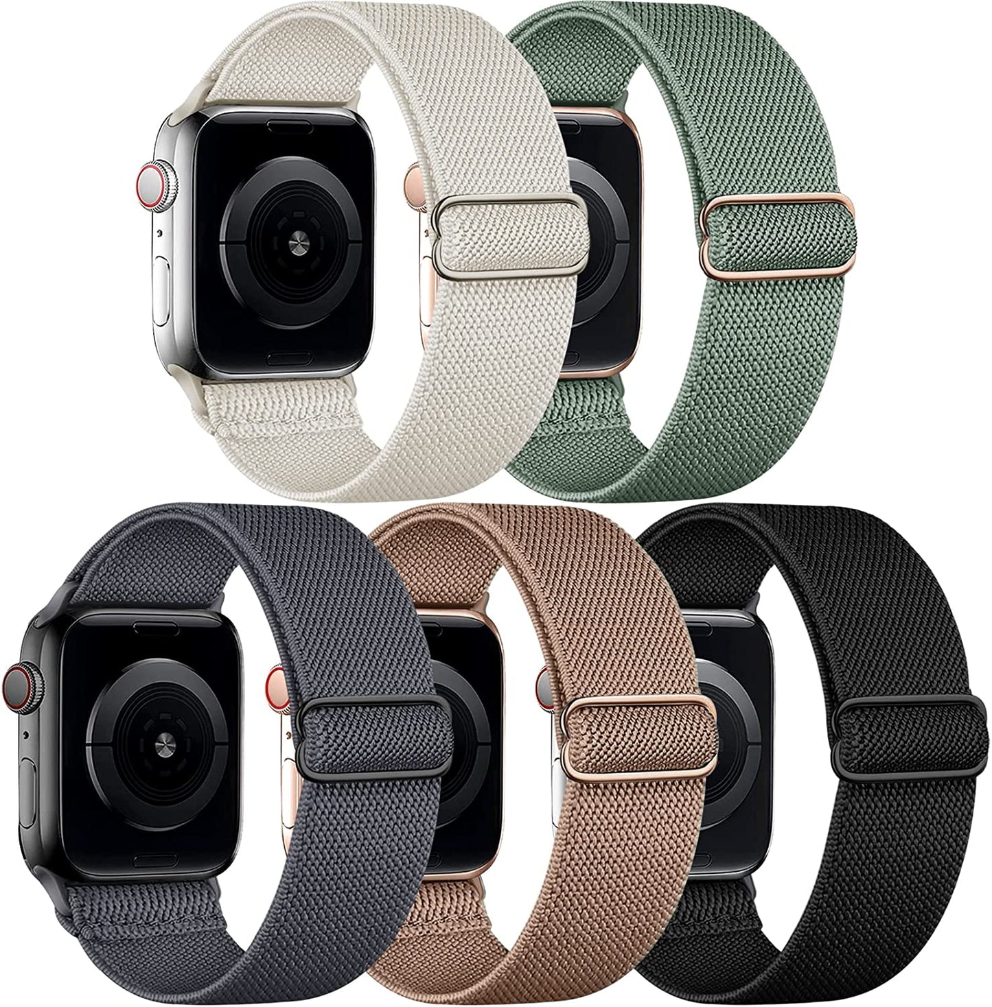 Cangroo 5 Pack Stretchy Nylon Bands Compatible with Apple Watch Band 38Mm 40Mm 41Mm 42Mm 44Mm 45Mm 49Mm for Women Men, Elastic Solo Loop Braided Wristbands for Iwatch SE Ultra Series 8 7 6 5 4 3 2 1  Cangroo Starlight/Cactus Green/Deep Grey/Tan-Pink/Black 42mm/44mm/45mm/49mm 