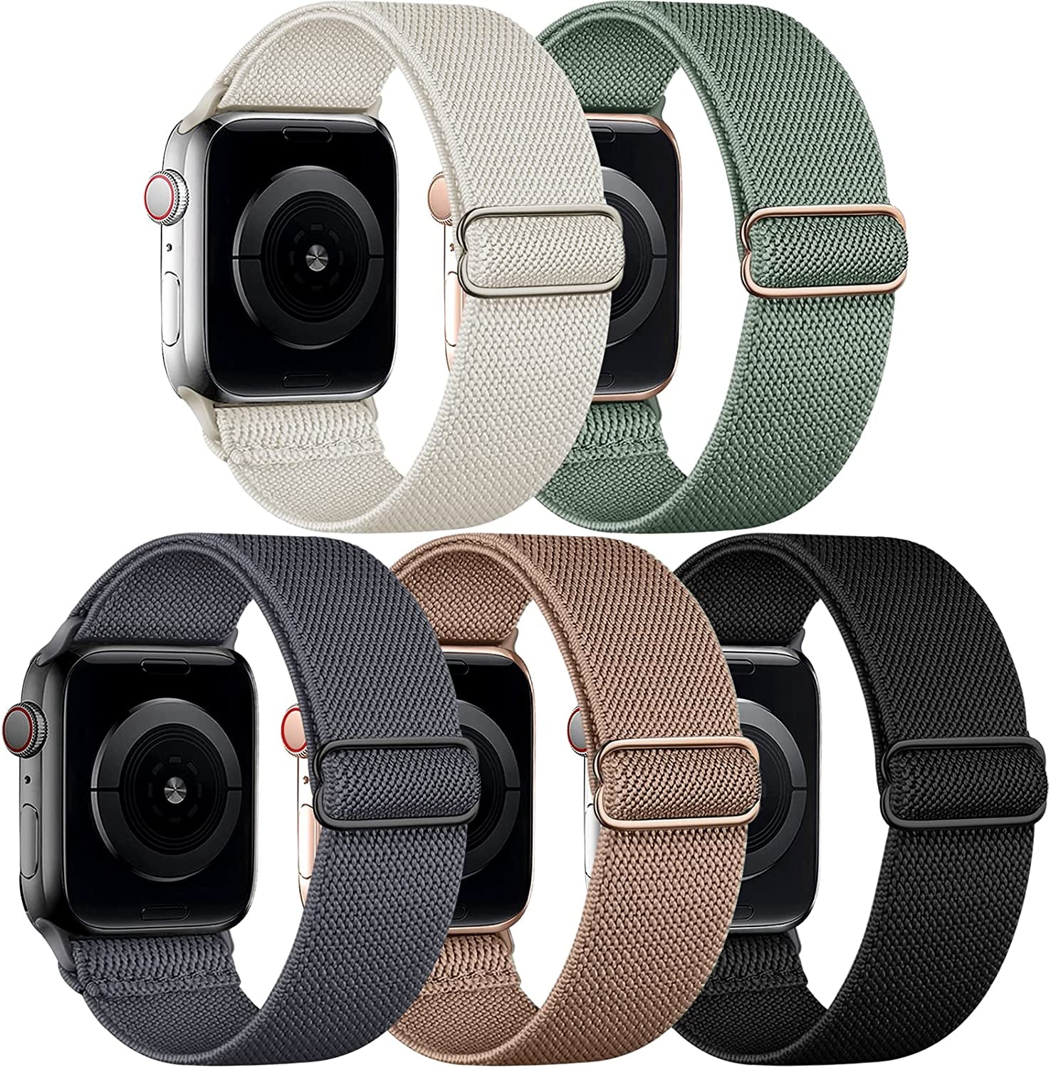 Cangroo 5 Pack Stretchy Nylon Bands Compatible with Apple Watch Band 38Mm 40Mm 41Mm 42Mm 44Mm 45Mm 49Mm for Women Men, Elastic Solo Loop Braided Wristbands for Iwatch SE Ultra Series 8 7 6 5 4 3 2 1  Cangroo Starlight/Cactus Green/Deep Grey/Tan-Pink/Black 42mm/44mm/45mm/49mm 