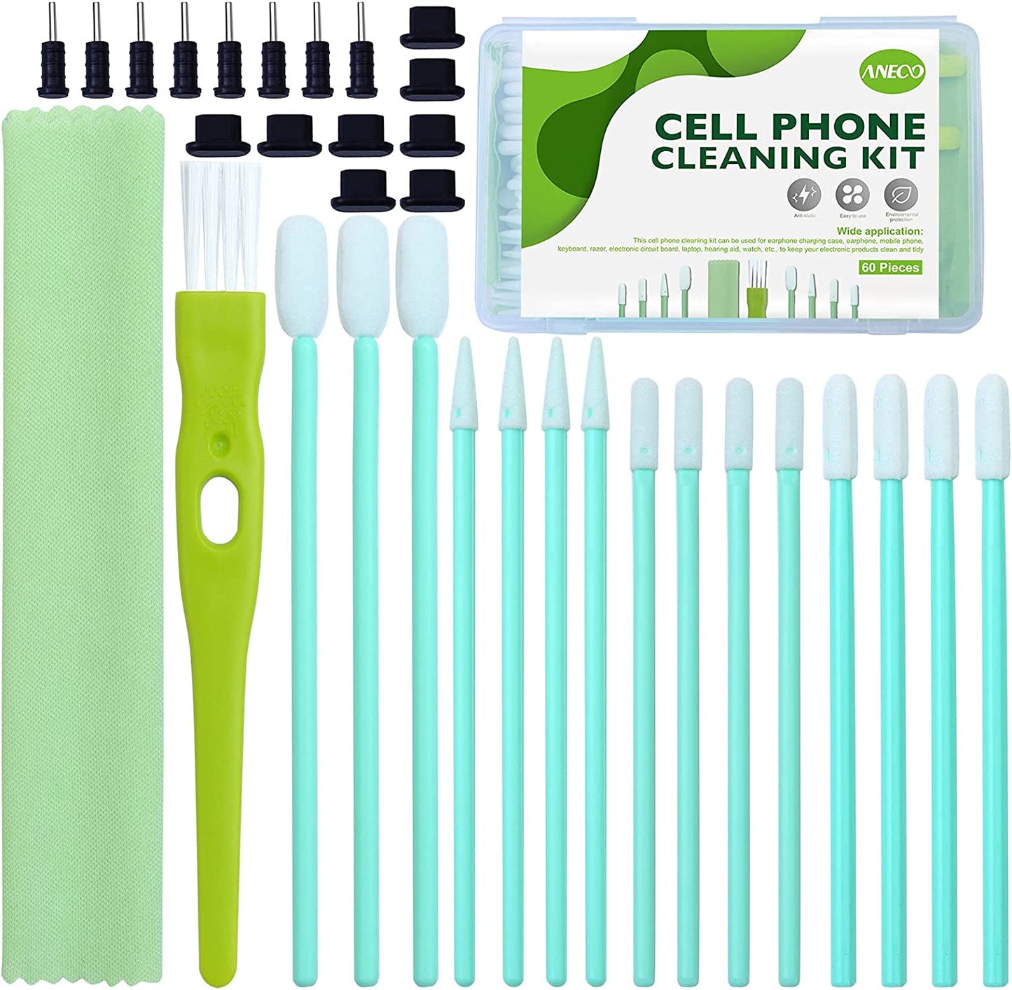 Aneco 60 Pieces Cell Phone Cleaning Kit Brush Set USB Charging Port Dust Port Covers Plug Set and Headphone Jack Cleaner Compatible with Iphone, Ios Android, Cell Phone, Electronics Cleaner  Aneco   