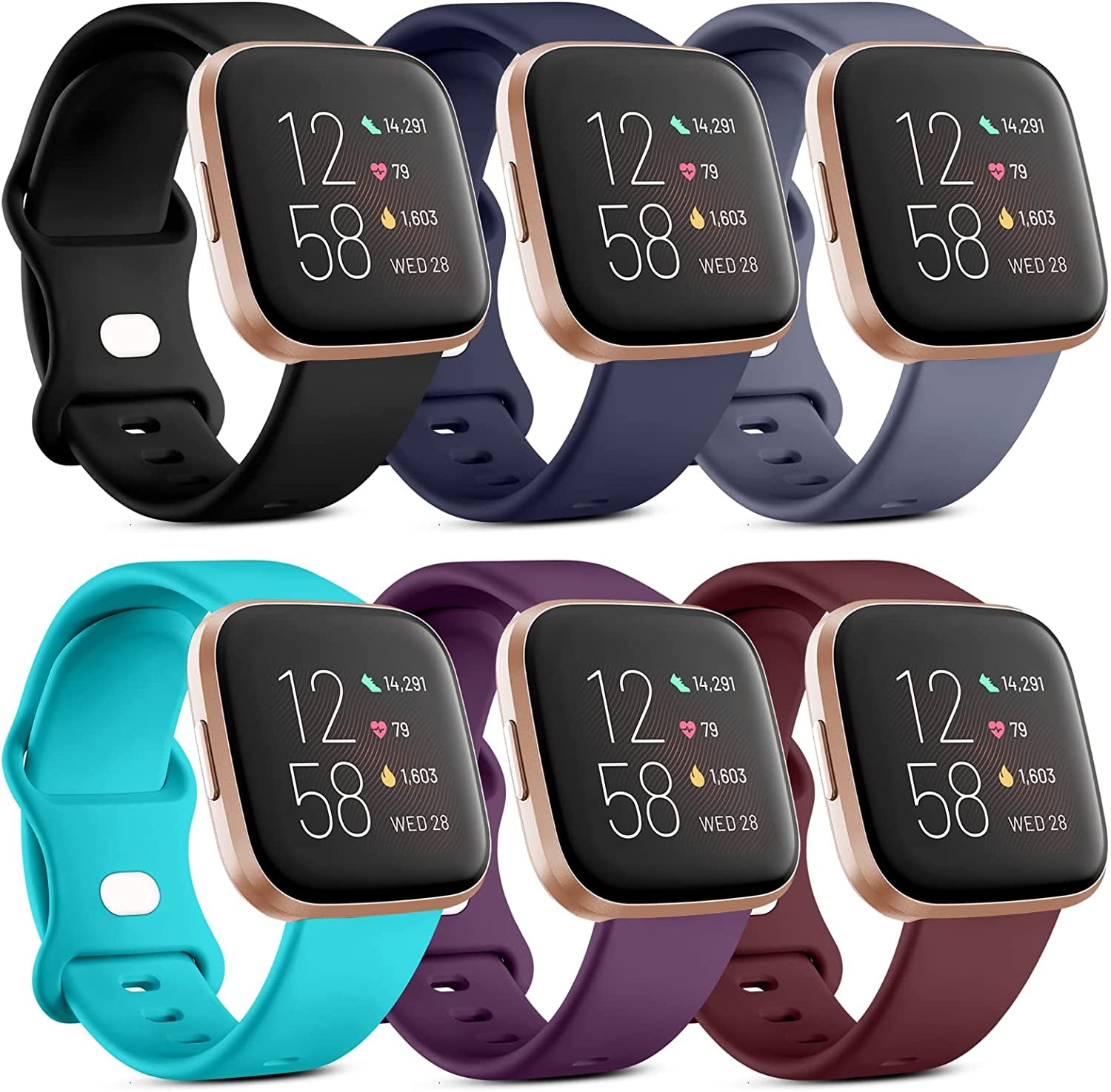Witzon 6 Pack Bands Compatible with Fitbit Versa 2 Bands for Women Men, Compatible with Fitbit Versa Lite/Versa, Soft Silicone Replacement Wristbands Sport Band for Versa 2 Smart Watch (Small, A)  Witzon C-Black/Navy Blue/Plum/Blue Gray/Burgundy/Teal Large 