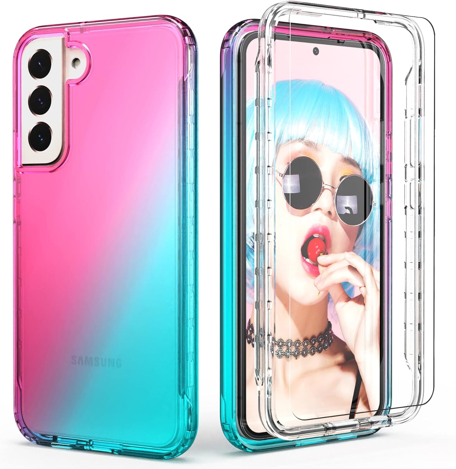 Idweel Clear Galaxy S22 plus Case with Tempered Glass Screen Protector,Hybrid 2 in 1 Shockproof Soft Slim Transparent Case with TPU Bumper, Protective Silicone Airbag Cover for Samsung S22 Plus  IDweel Red Blue  