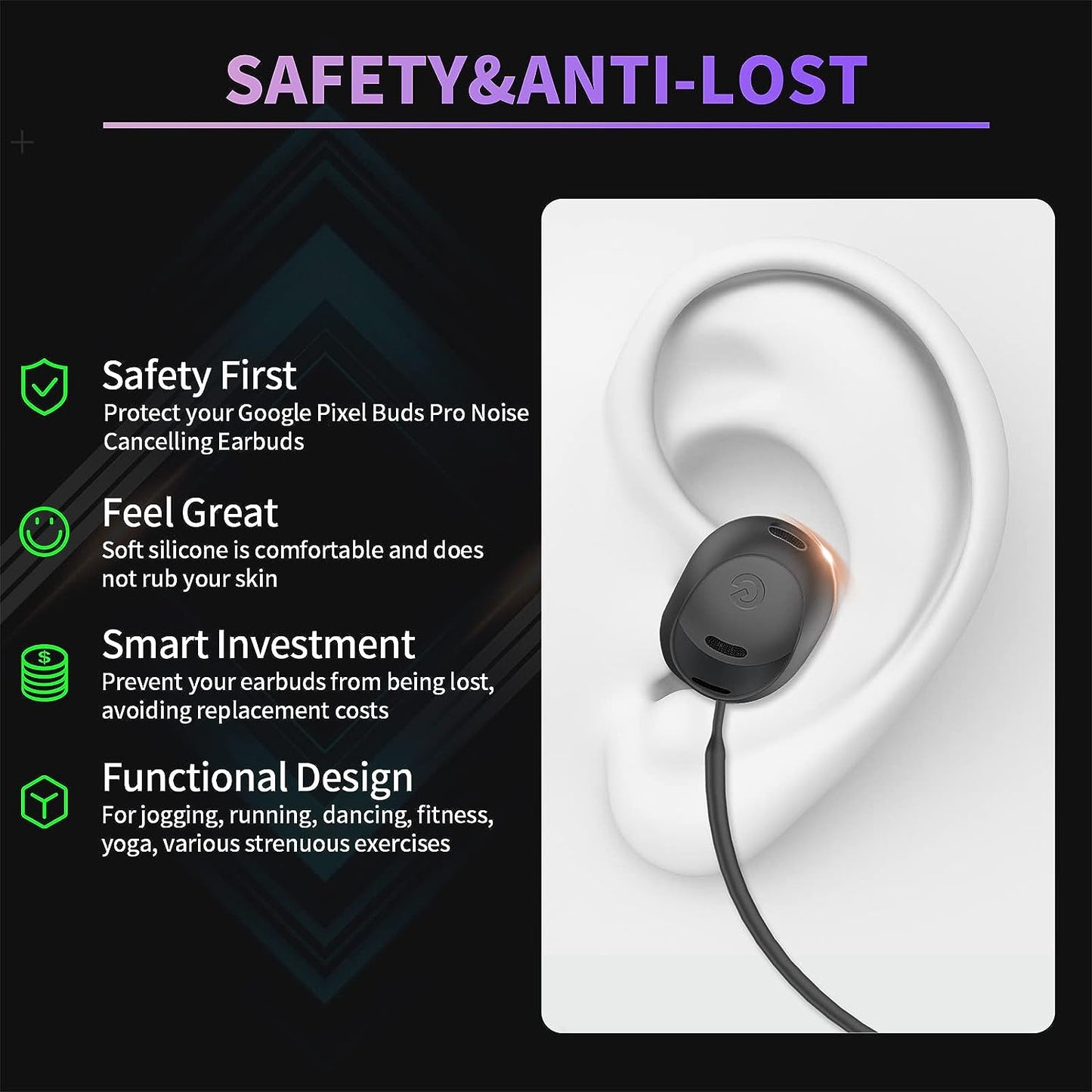 WOFRO Anti-Lost Strap for Google Pixel Buds Pro Earbuds (2022), Sports Soft Silicone Lanyard Accessories Compatible with Google Pixel Buds Pro - Noise Canceling Earbuds Neck Rope Cord (Black)  WOFRO   