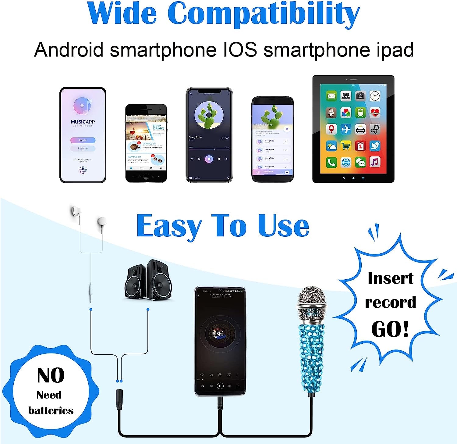 4PCS Mini Microphone Portable Vocal Instrument Tiny Microphone Asmr Karaoke Microphone with Clip Stand | 4 PCS Rhinestone Stickers | 3.5Mm Audio Connector for Iphone Android Smart Phone Laptop  Yoiemivy   