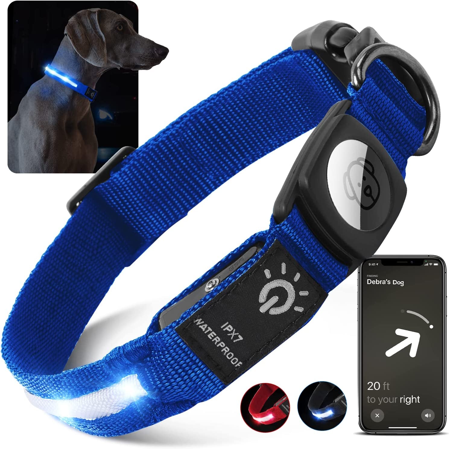 LED Air Tag Dog Collar - Light up Dog Collar[Ipx7 Waterproof] with Apple Air Tag Holder Case, Durable Rechargeable Lighted Air Tag Dog Collar Accessories for Puppy Dogs(S, Black)  typecase Blue Small(12.5-16'') 