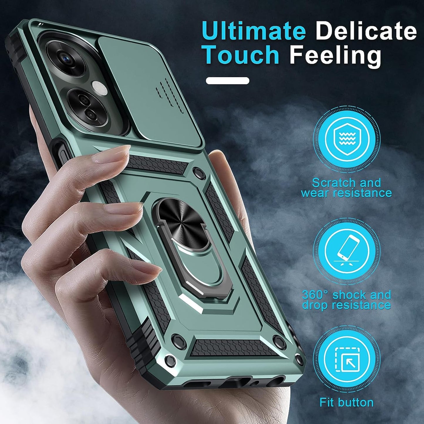Janmitta Oneplus Nord N30 5G Case Built in Slide Camera Lens Cover+Screen Protector+Finger Ring Holder Kickstand,Heavy Duty Shockproof Full Body Protective Phone Cover,2023 Dark Green  Janmitta   