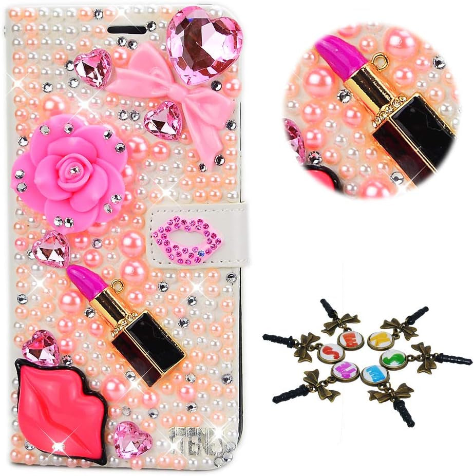 STENES Bling Case Compatible with LG V30 - Stylish - 3D Handmade Pretty Sunshine Flower Butterfly Design Magnetic Wallet Leather Cover Compatible with LG V30 / LG V30 plus - Purple  STENES Lips Lipstick Rose Flowers Bowknot / Pink  