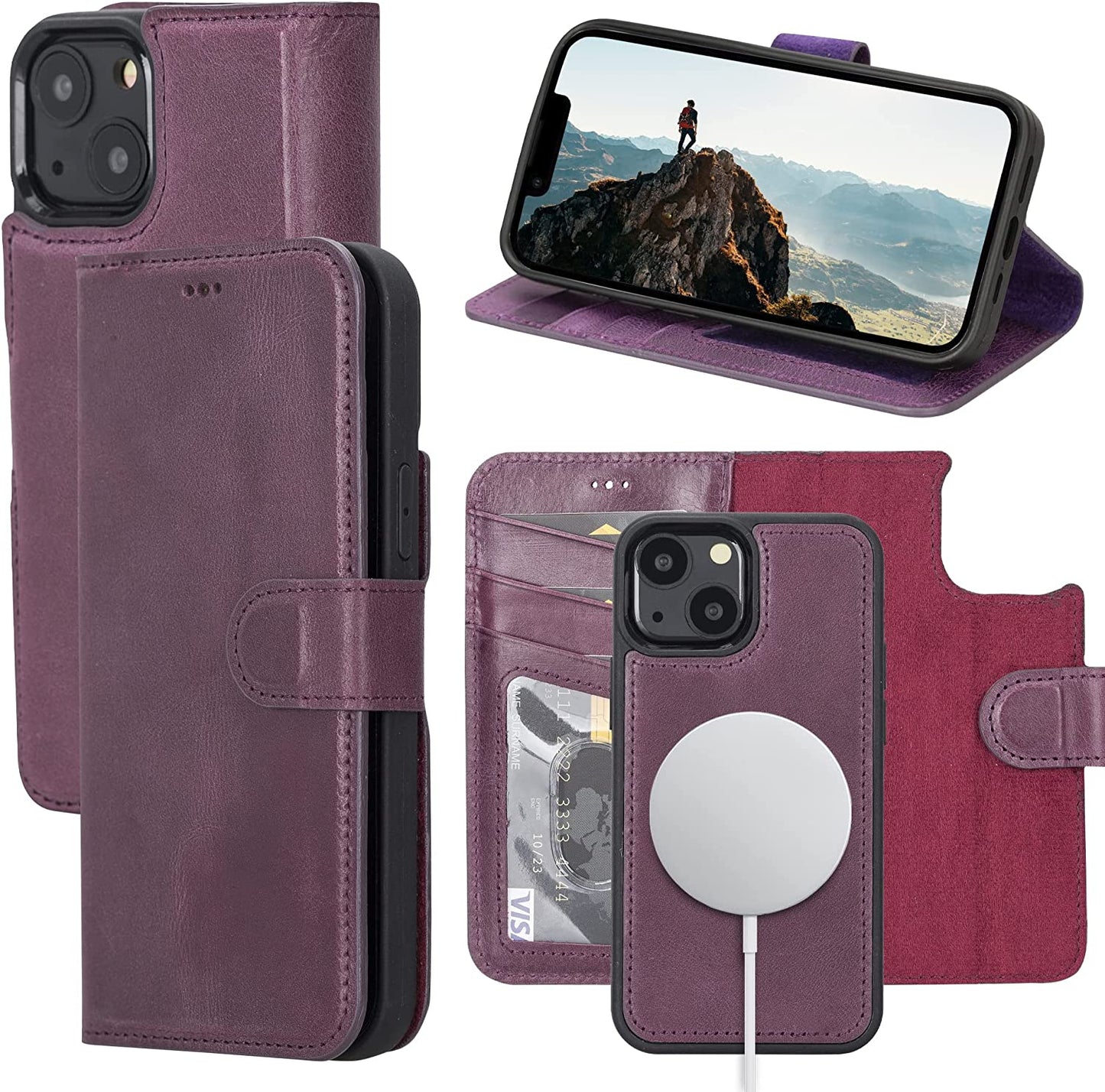 OXA Leather 2-In-1 Wallet Case Compatible with Iphone 14 Pro Max | Magnetic Detachable | Shockproof | RFID Blocking | Flip Case with Kickstand | Compatible with Magsafe | - Purple  OXA Purple iPhone 14 Plus 