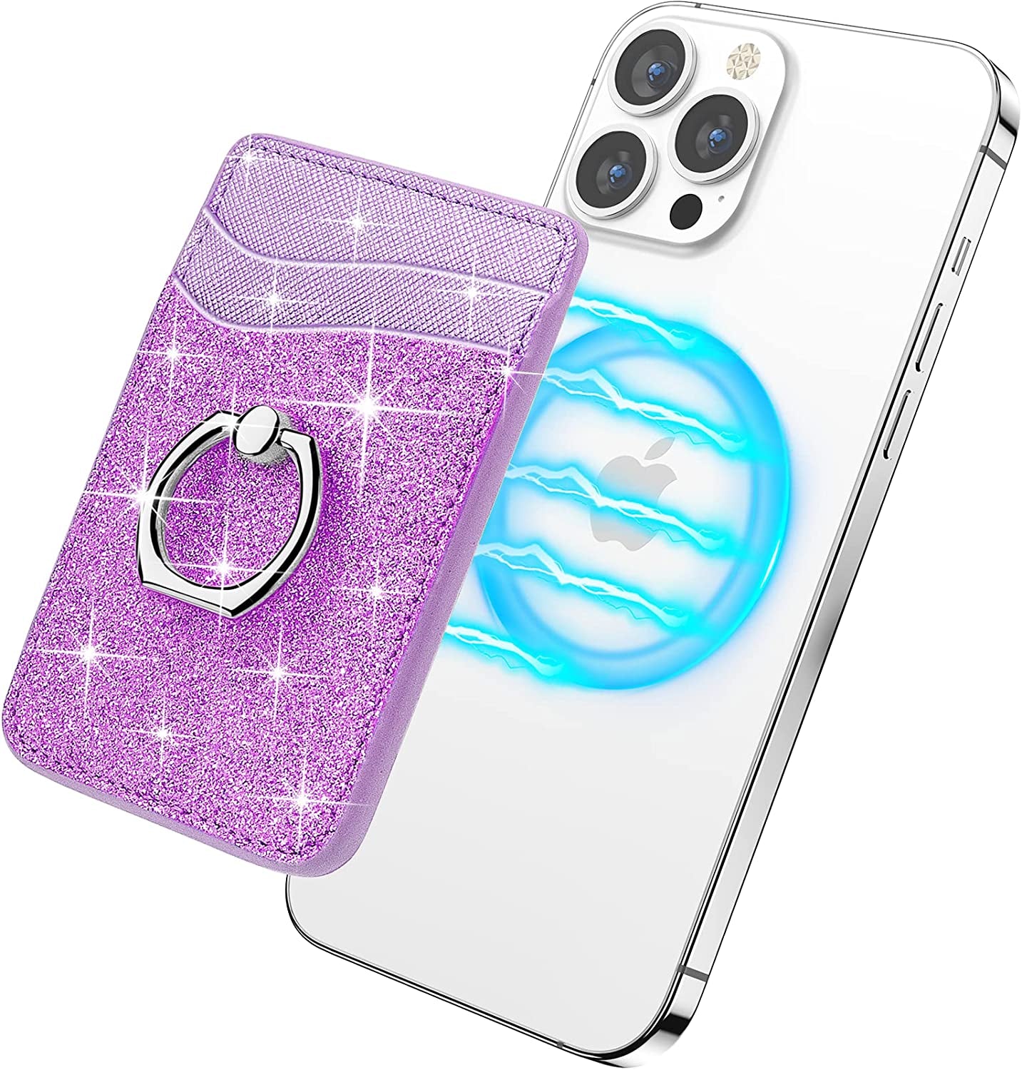 Gospire Magnetic Phone Wallet, Leather Cell Phone Card Holder, Magsafe Wallet with Ring & [Credit Card RFID Blocking] 360°Rotation Phone Stand Compatible with All Smartphones with 2 Metal Rings, Gold  Gospire Purple  