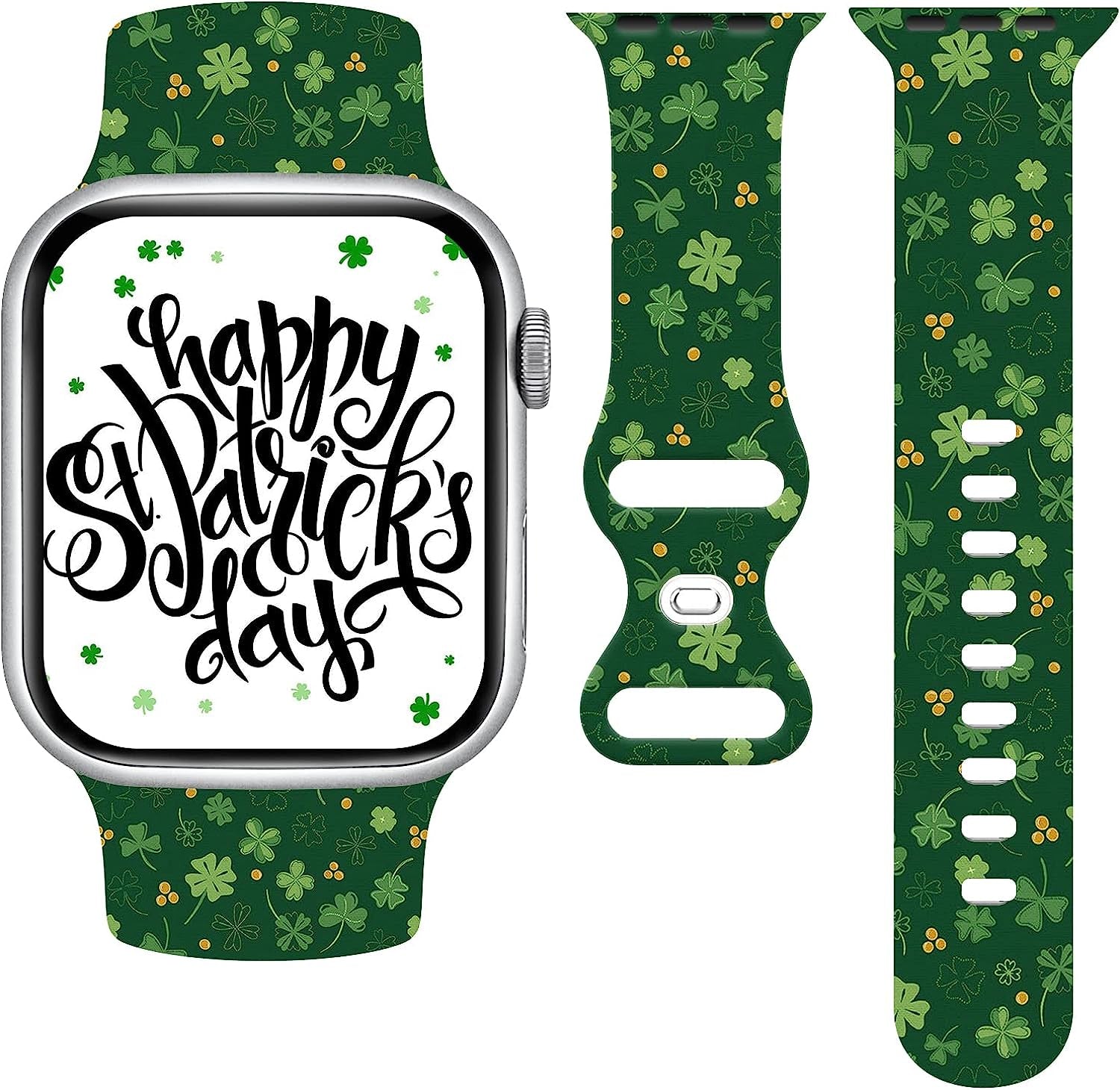 St. Patricks Day Watch Band Compatible with Apple Watch 38Mm 40Mm 41Mm 42Mm 44Mm 45Mm, Four Leaf Clover Shamrock Silicone Replacement Bands Wristbands Strap Compatible with All Iwatch Series  WANSENCE st patricks day-1 42mm/44mm/45mm 