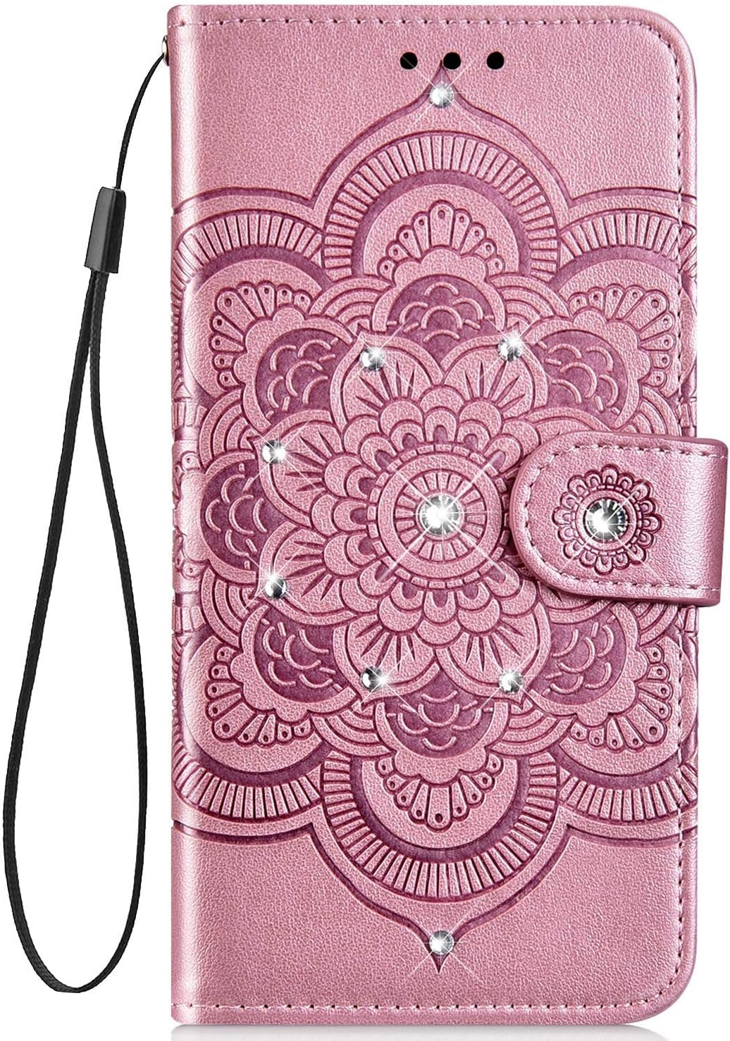 IKASEFU Compatible with LG G8 Thinq Case Shiny Sun Mandala Floral Rhinestone Pu Leather Diamond Bling Wallet Strap Case with Card Holder Shockproof Magnetic Flip Bumper Cover,Purple  IKASEFU Rose Gold  