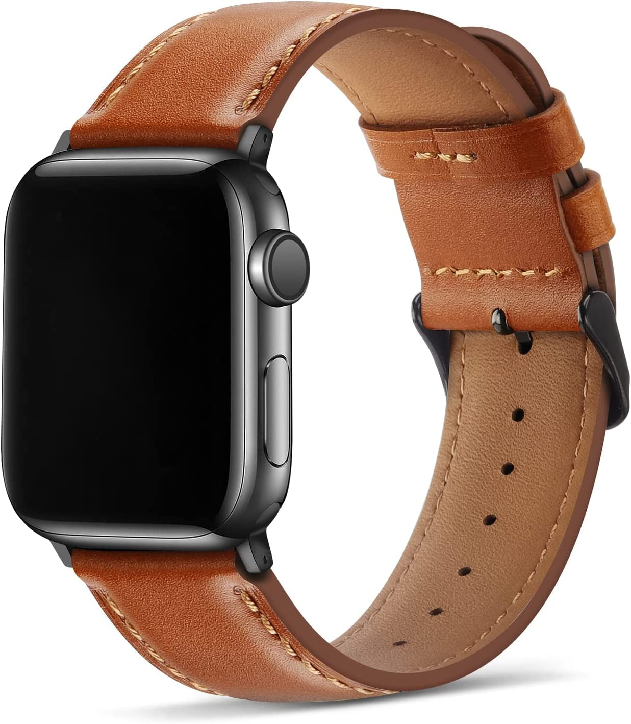 Tasikar Bands Compatible with Apple Watch Band 49Mm 45Mm 44Mm 42Mm Men Genuine Leather Replacement Bands Compatible with Apple Watch Ultra Series 8 7 (45Mm) SE 6 5 4 (44Mm) 3 2 1 (42Mm) - Black  Tasikar Classic Brown 38mm/40mm/41mm 