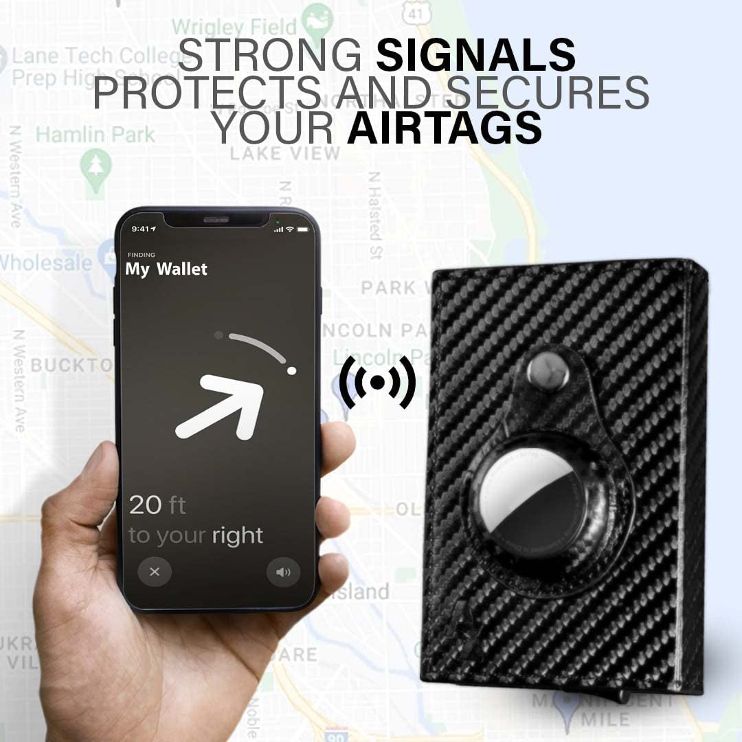 Azaera Apple Airtag Wallet Men and Pop up Credit Card Holder, Slim, Smart, Minimalist, Carbon Fiber Leather RFID Blocking with Air Black  Azaera   