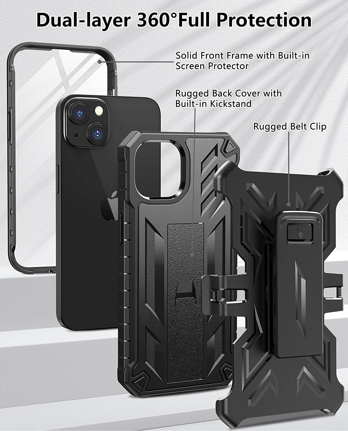For Iphone 13-14 Case Protective Cover: Heavy Duty Military Grade Hard Protection with Belt Clip | Shock Proof Grip Durable Design Iphone 13 Cell Phone Case with Built-In Kickstand (Belt-Clip Black)  DAMAI   