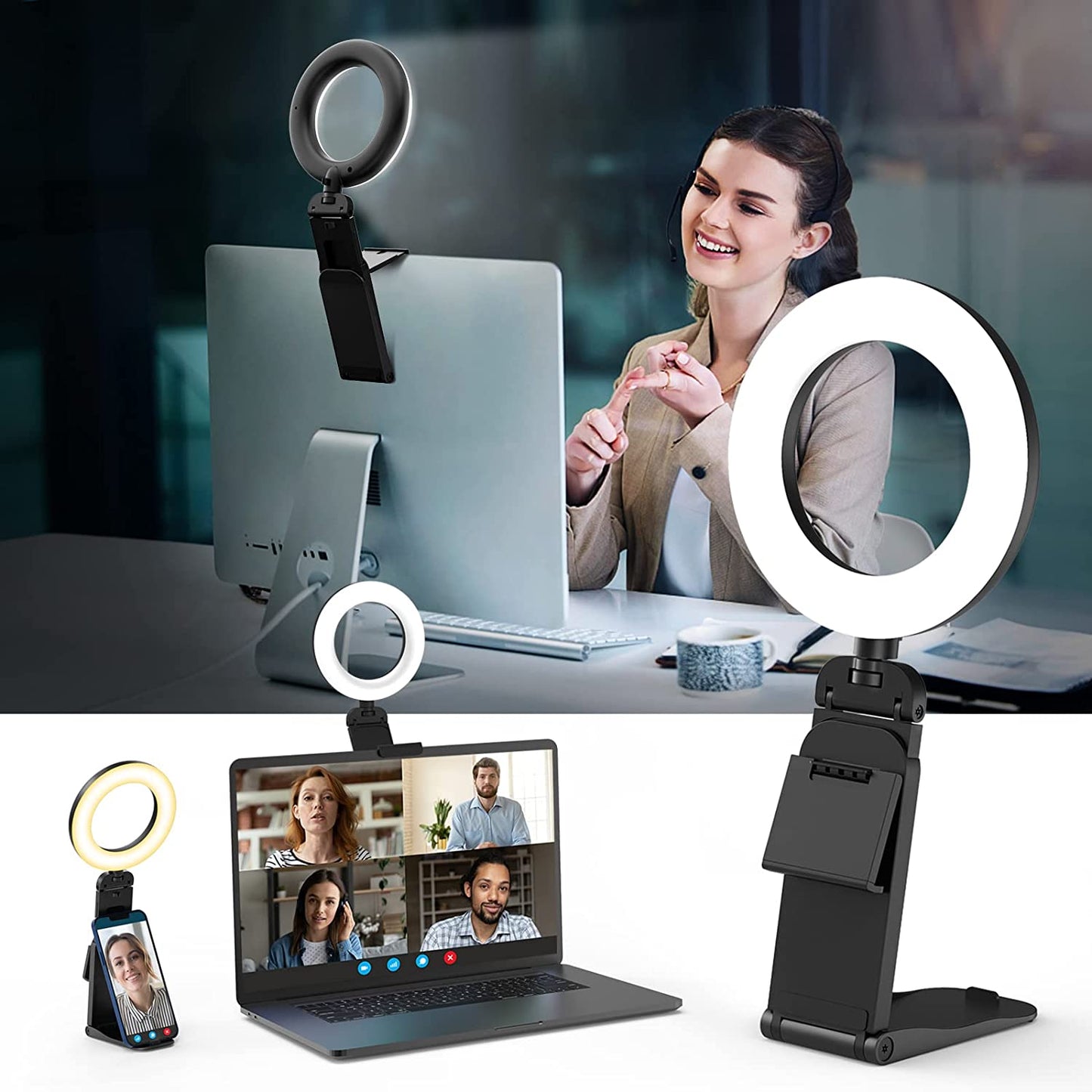 Ring Light for Computer Laptop,Video Conference Lighting Kit for Zoom Meetings,5" Small Led Selfie Light Portable Ring Light with Stand,Cell Phone Holder Desktop Ring Light for Skype Call  Evershop   
